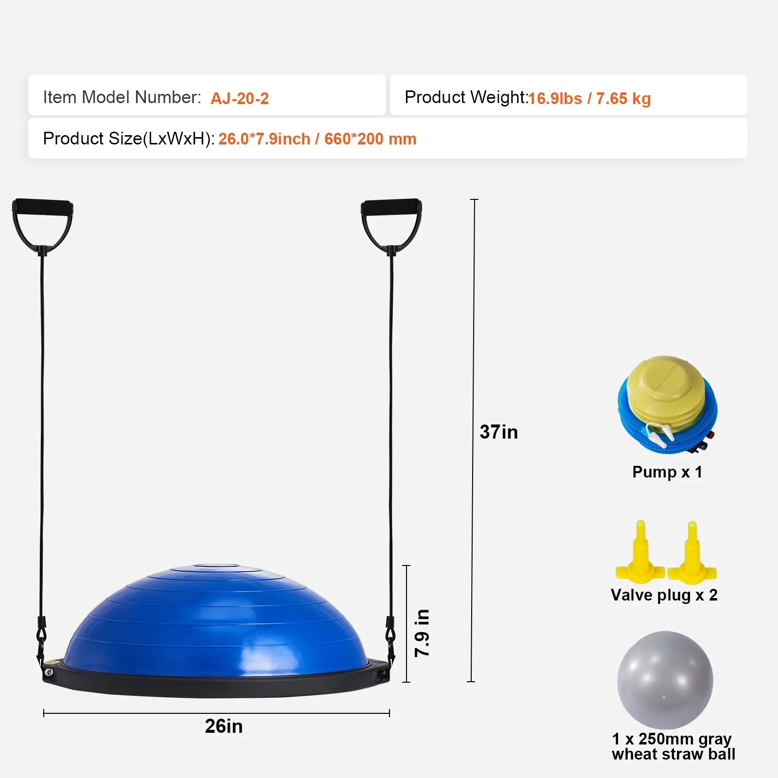 SKYSHALO 26 Inch Ball Yoga Trainer Half Fitness Balance Stability Ball Resistance Band