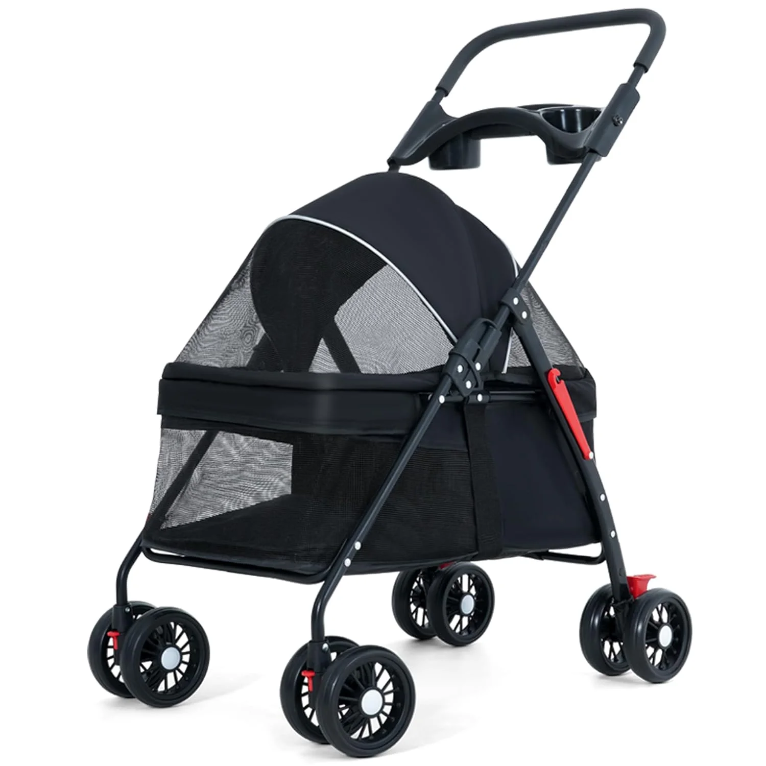 Pet Stroller 4 Wheels Dog Cat Stroller,Pet Folding Stroller,Foldable Dog Cat Cage Jogger Stroller with Storage Basket and Cup Holder,Breathable and Visible Mesh for Medium Small Dogs Cats