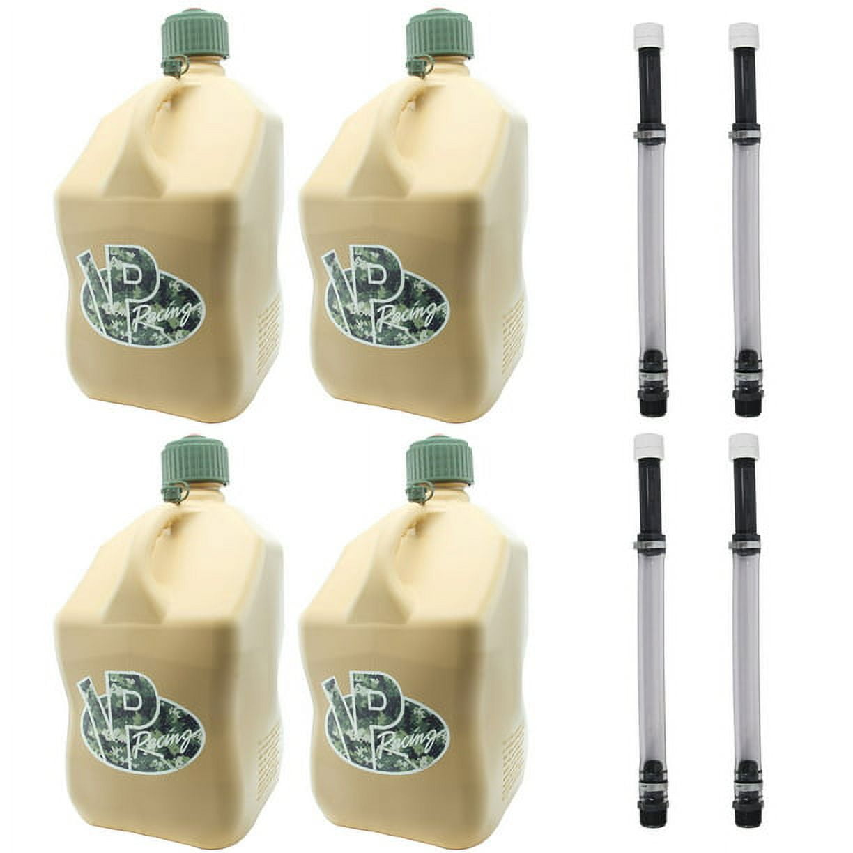VP Racing Fuels 5 Gallon Square Tactical Tan Racing Utility Jug, 4 Tactical Tan Jugs with 4 Deluxe Filler Hoses