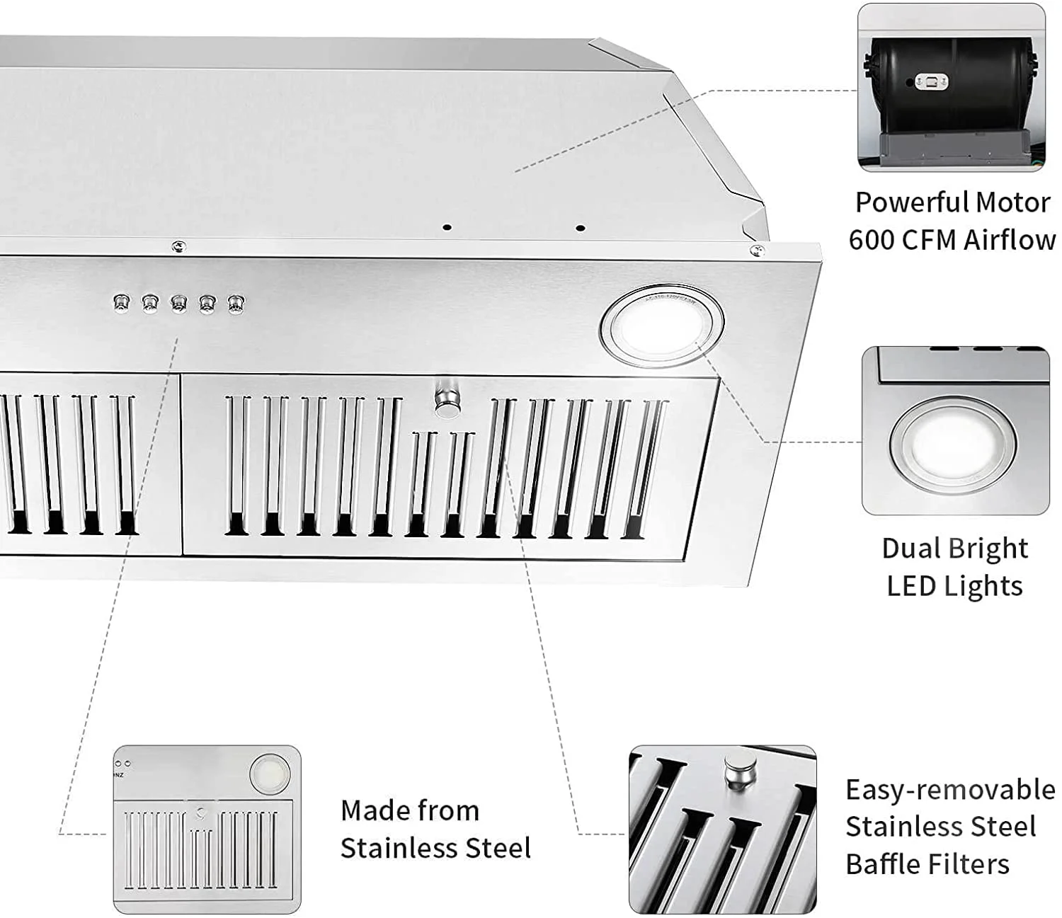 Range Hood 30-inch Built-in Insert Cooker Hood 600CFM Powerful Exhaust Vent Fan