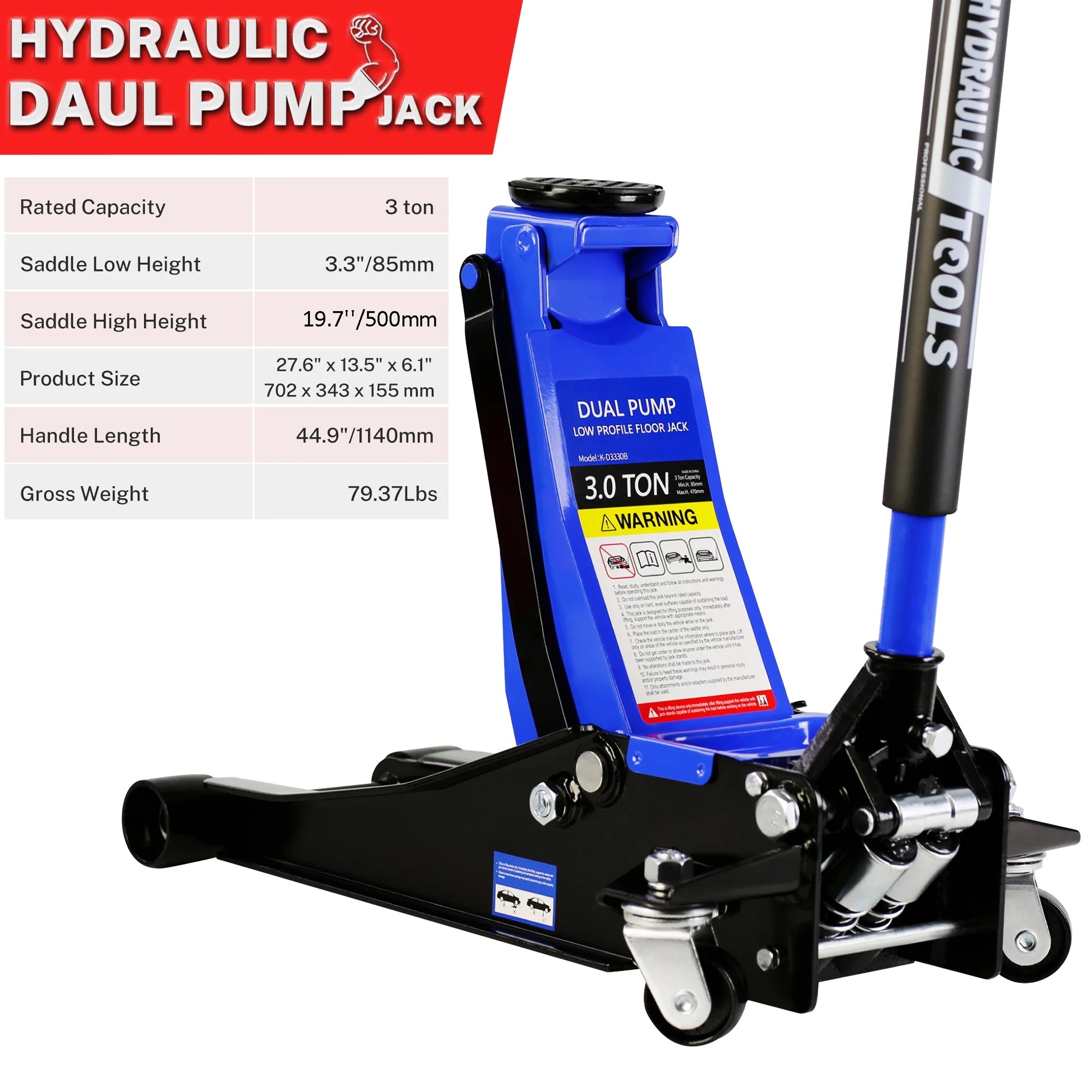 Seizeen Low Profile Floor Jack, 3 Ton(6600 lbs) Trolley Jack Dual Lift Pump, Quick Lift 3.3''-19.7'', Heavy-Duty Steel Jack with 52''L Extended Handle, Car Jack w/Wheels, Rubber Saddle