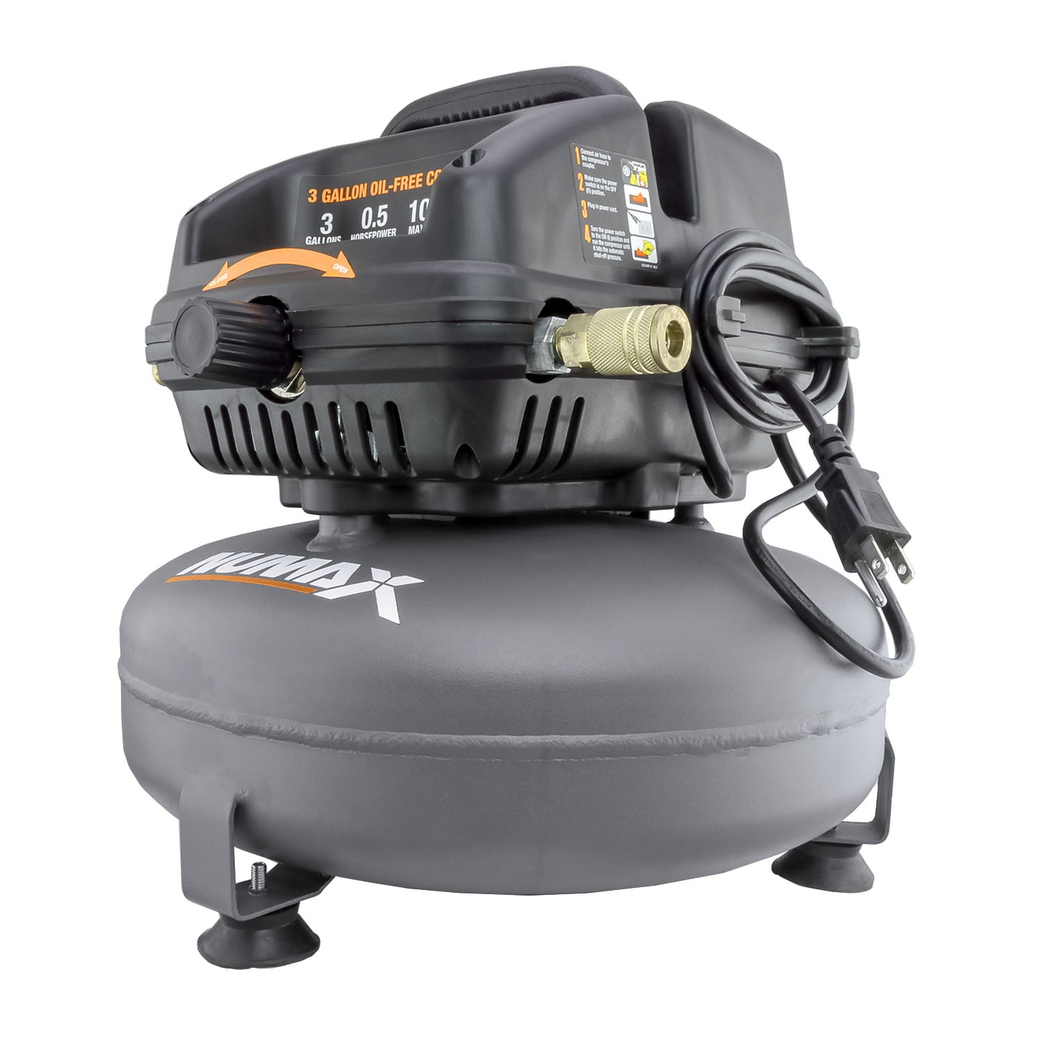 NuMax S3GI12CK 3 Gallon Oil-Free Air Compressor with Brad Nailer / Stapler, Air Hose, Inflation Kit & Fasteners