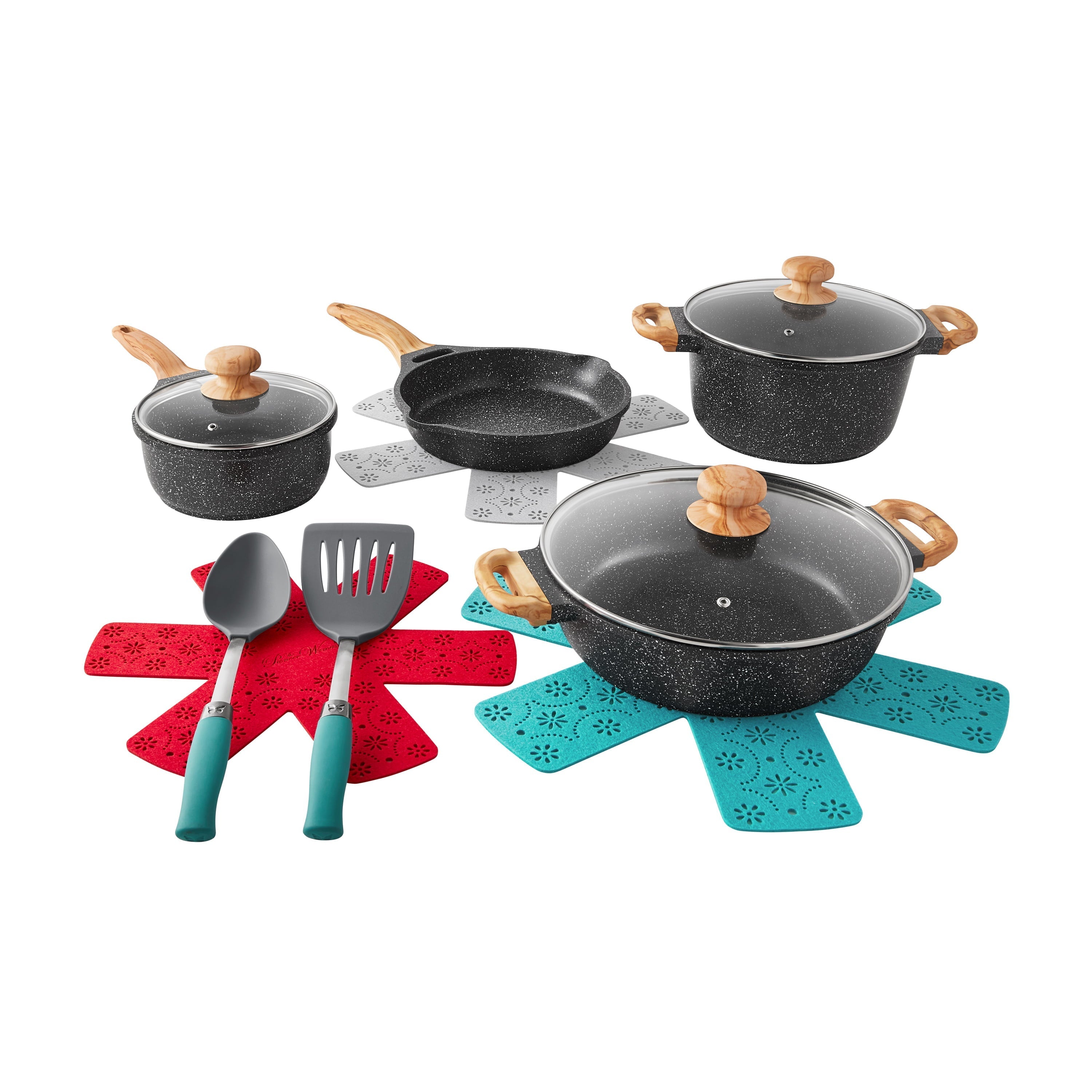 The Pioneer Woman Prairie Signature 12-Piece Cast Aluminum Cookware Set, Charcoal Speckle