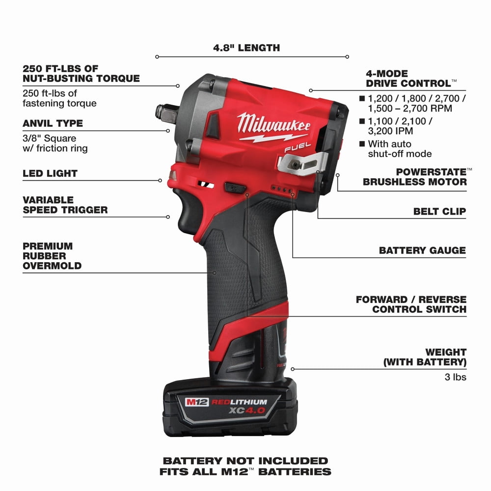 Milwaukee 2554-22 M12 FUEL Stubby 3/8 in. Impact Wrench Kit (2 Ah/4 Ah)