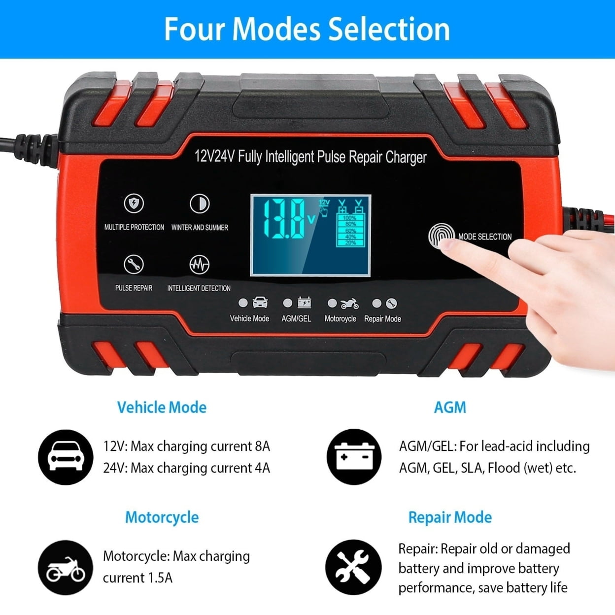 Car Battery Charger 12V 8A 24V 4A Smart Automatic Battery Charger with LCD Display