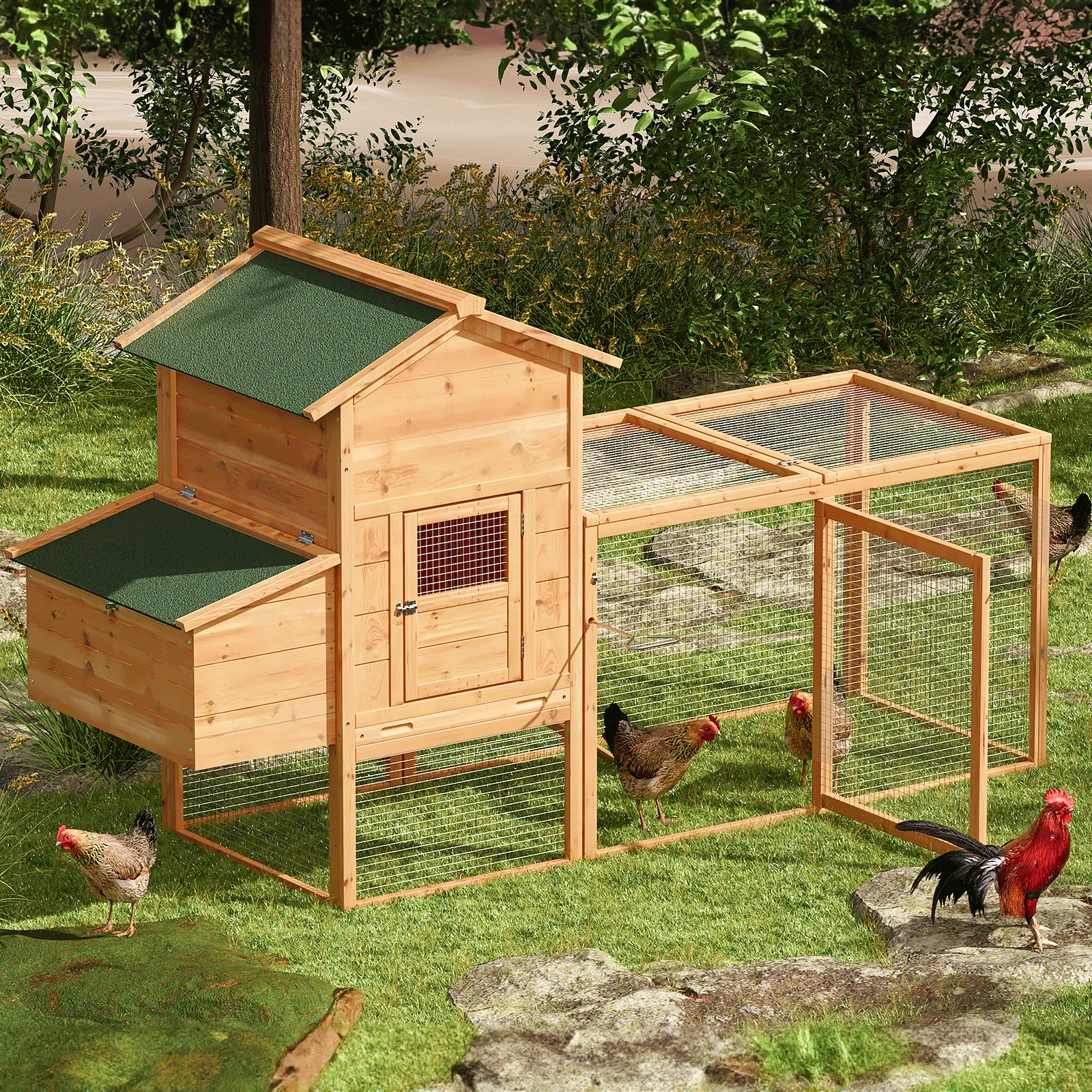 Magshion Outdoor Chicken Coop with Nesting Box, 80 inch Wooden Rabbit Hutch Poultry House with Run Cage, Slide-Out Tray and Waterproof Roof for Garden Backyard, Natural