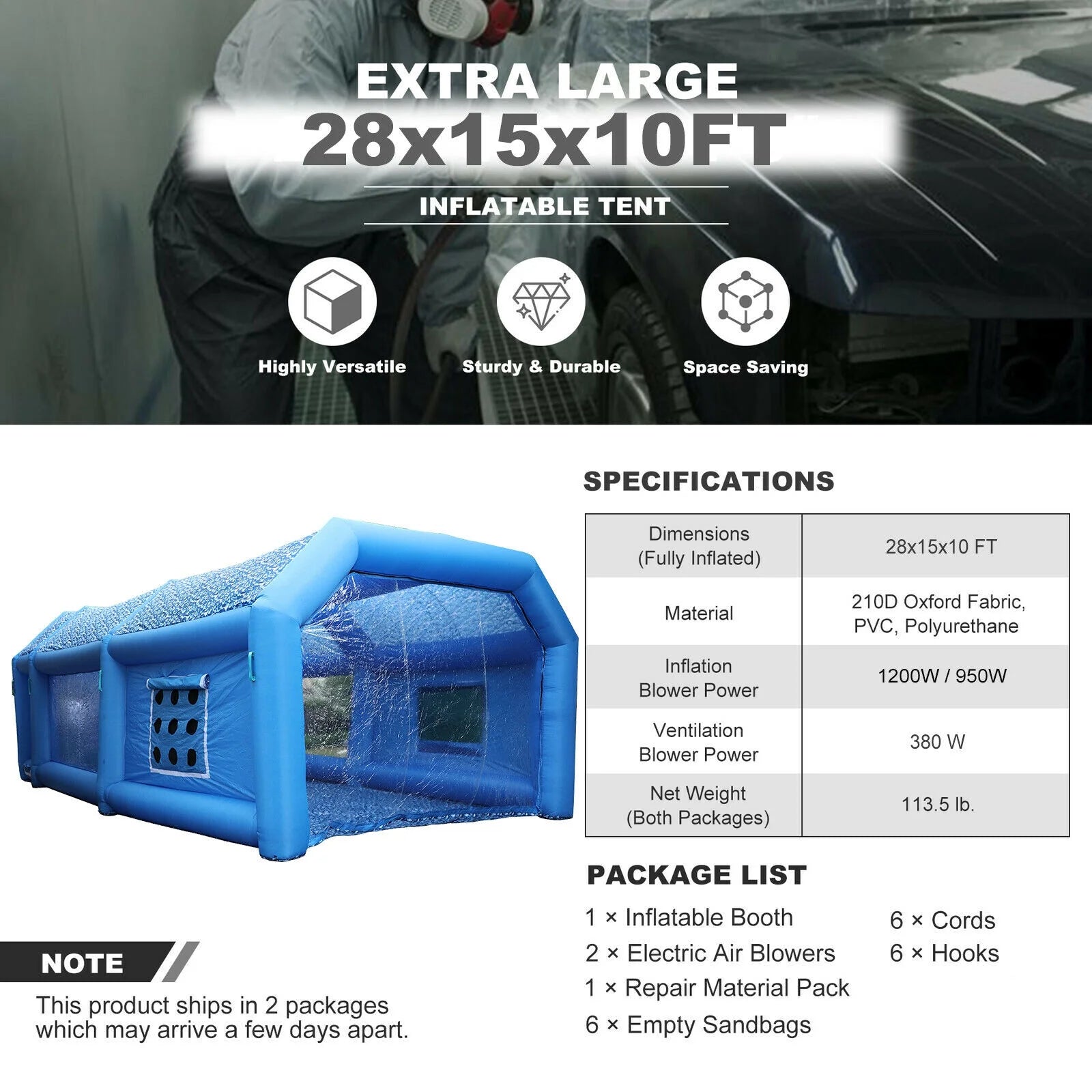 Portable Painting Tent Workstation Inflatable Spray Paint Booth 28x15x11FT with 2 Blowers 950W and 350W, with Filter System Tool Room for Garage Spraying Auto Parts Full-Size Car