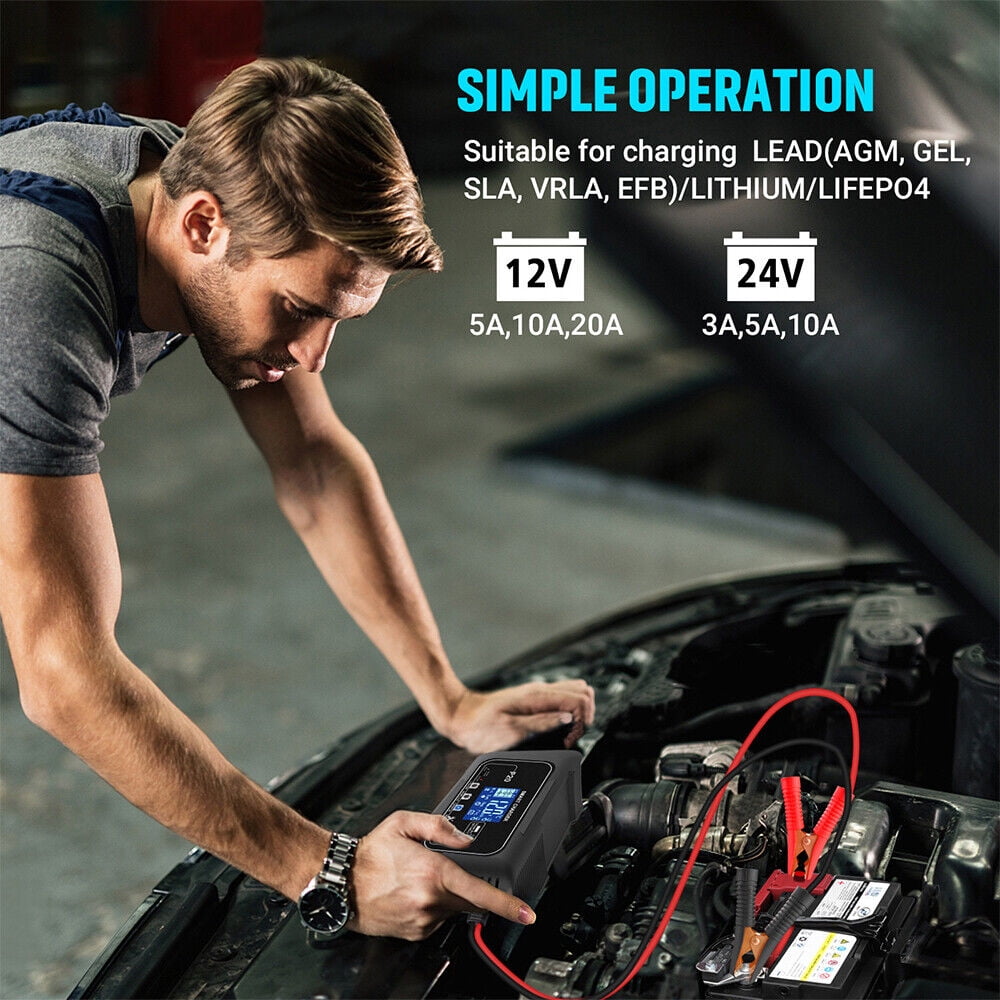 JahyShow Intelligent 12V/24V Battery Charger - Fast Charging with LCD Display, 20A Amp