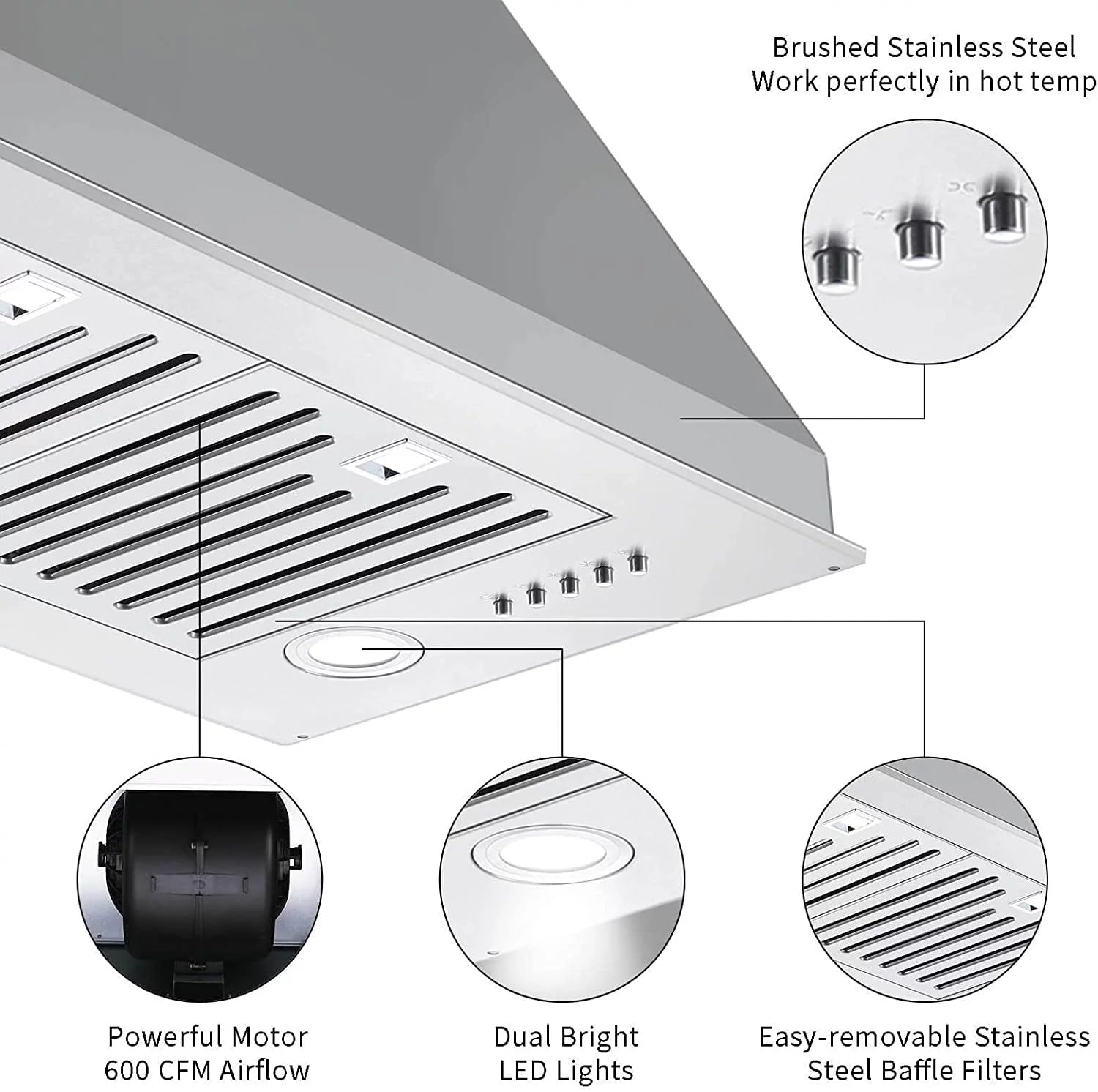 Range Hood 30 inch Insert Vent Hood 600 CFM Built-in Stainless Steel Range Hood