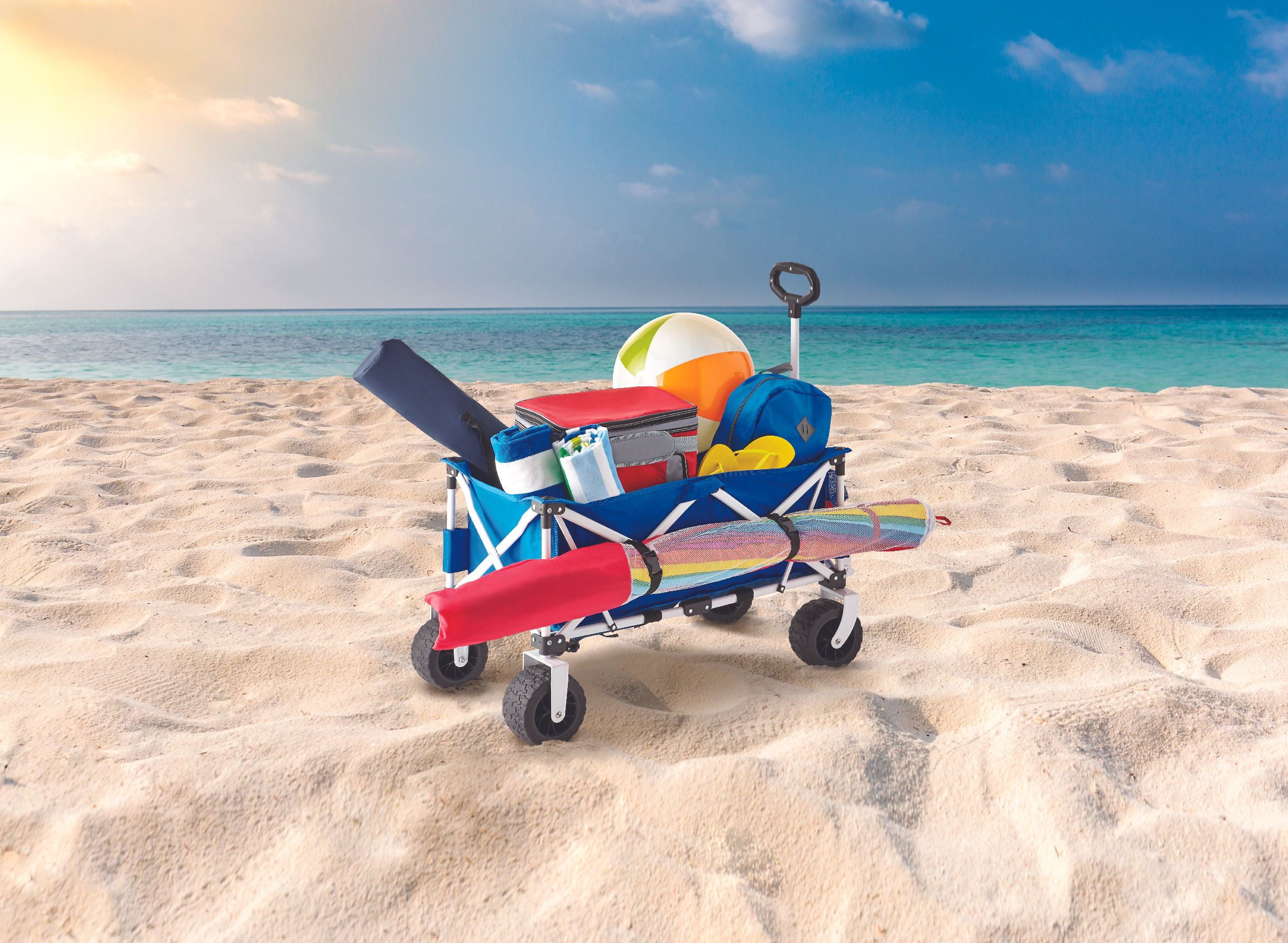 Mainstays Folding All-Terrain Wide-Track Wheeled Beach Wagon， Blue