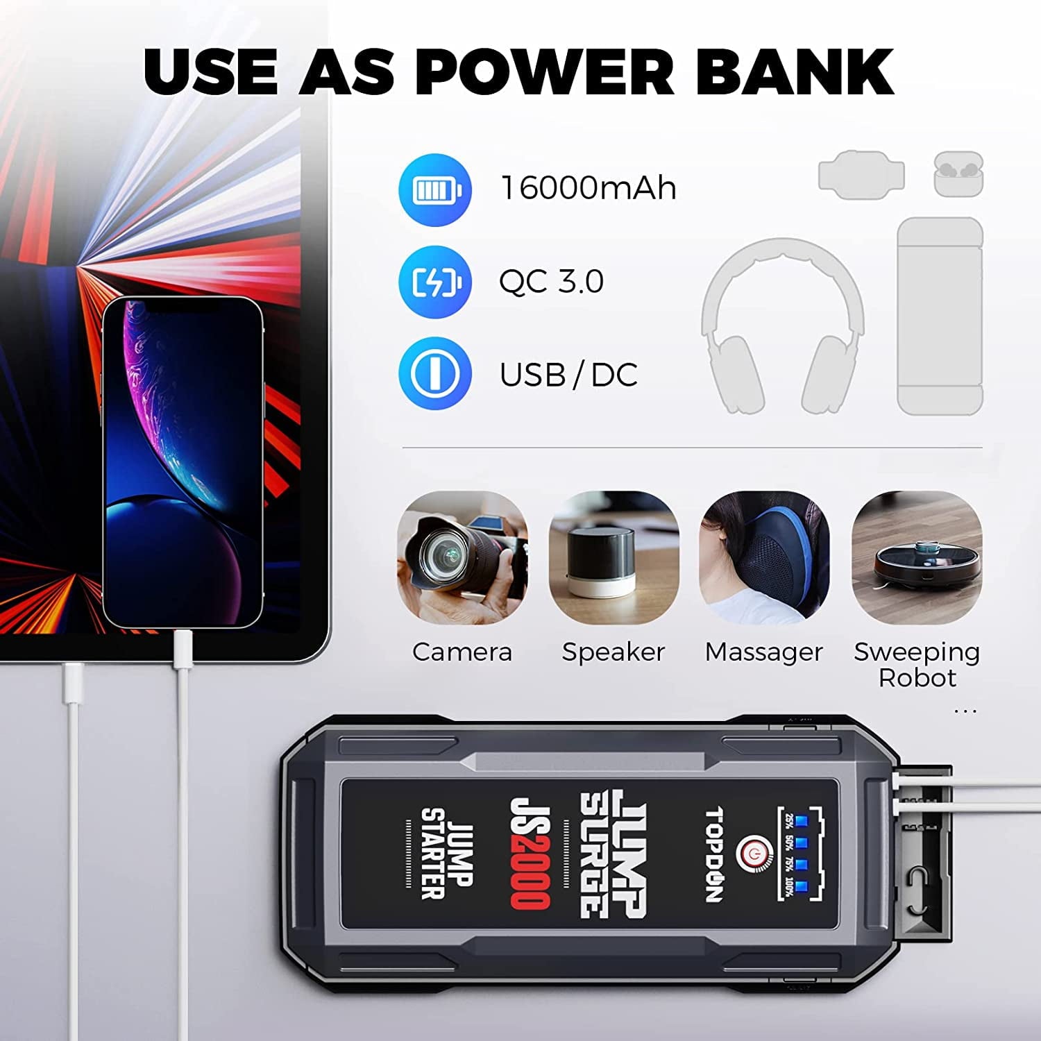 Car Jump Starter Topdon JS2000 12V 2000Amp Battery Booster Pack Charger 16000mAh