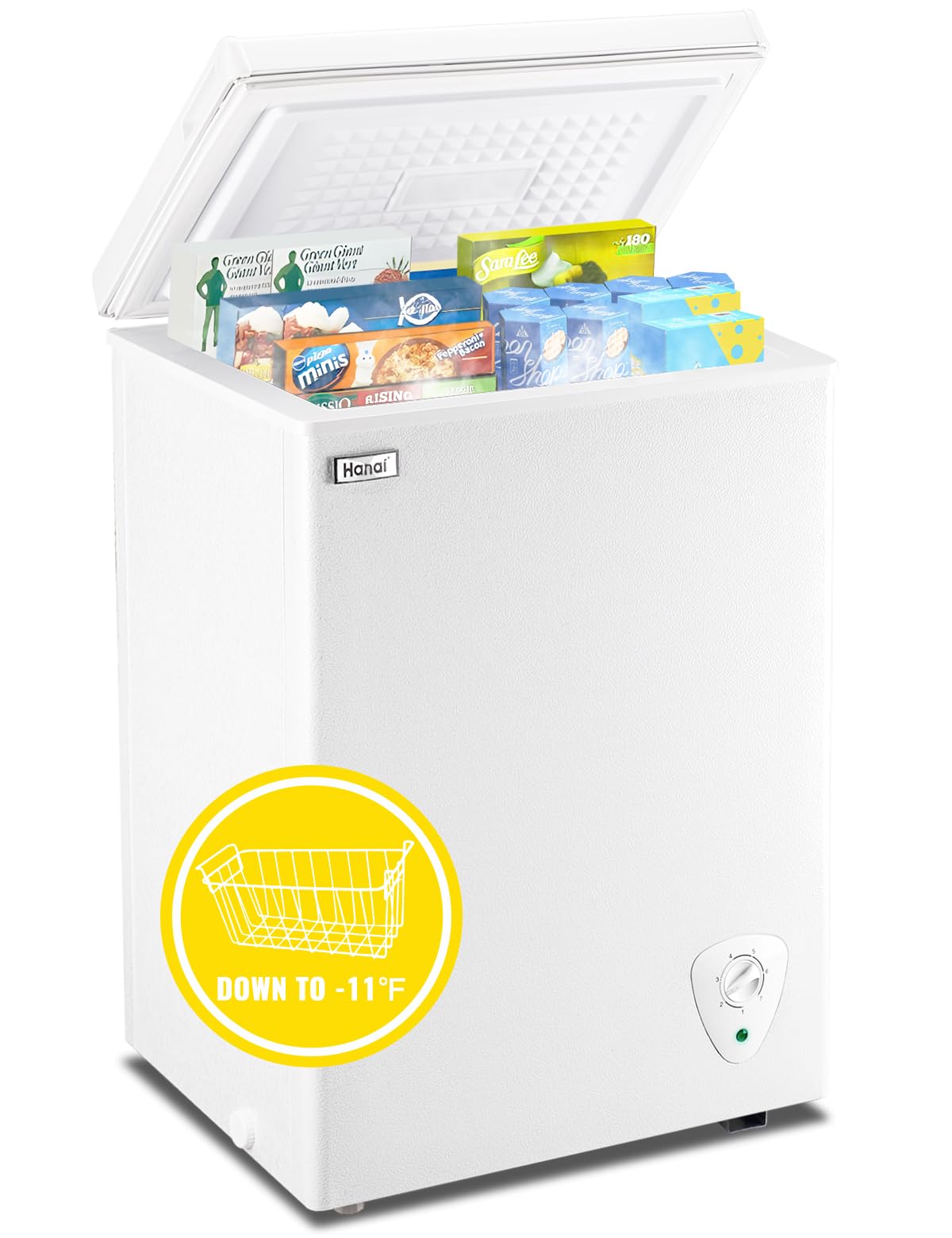 3.5 Cubic Feet Chest Freezer Small Deep Freezers with Removable Storage Basket Free Standing Top Door Compact Freezer 7 Gears Temperature Control for Office Dorm Apartment