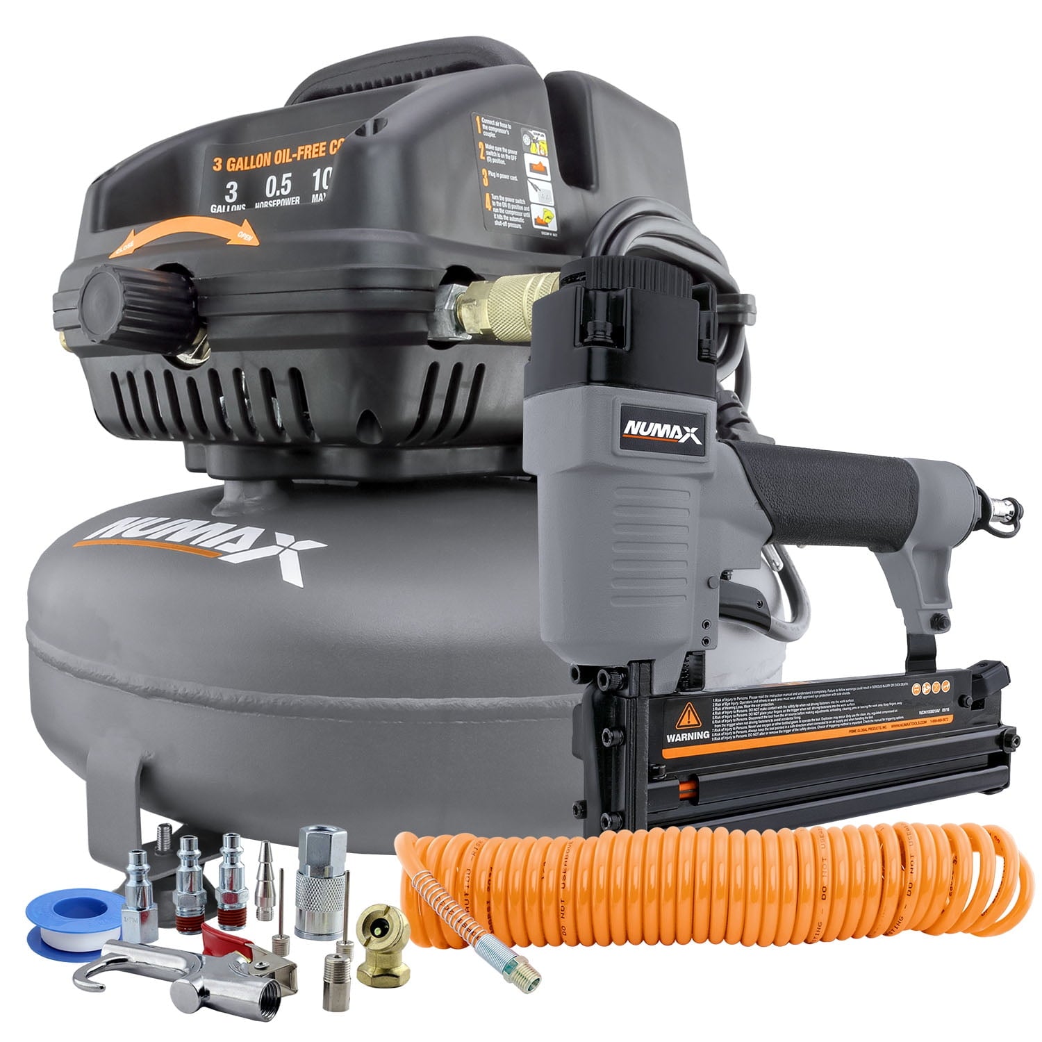 NuMax S3GI12CK 3 Gallon Oil-Free Air Compressor with Brad Nailer / Stapler, Air Hose, Inflation Kit & Fasteners