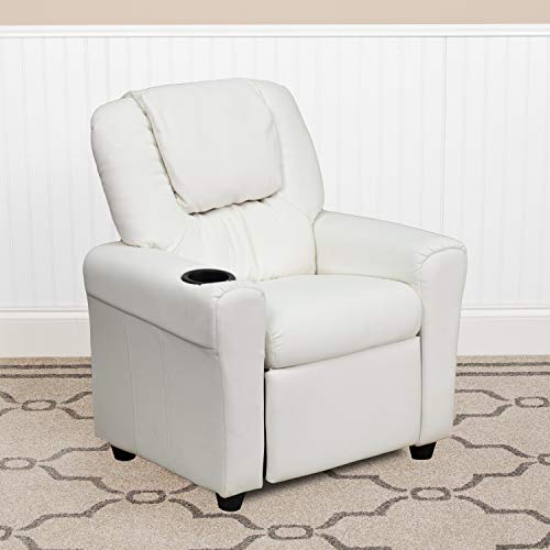 EMMA + OLIVER Beige Vinyl Kids Recliner with Cup Holder and Headrest