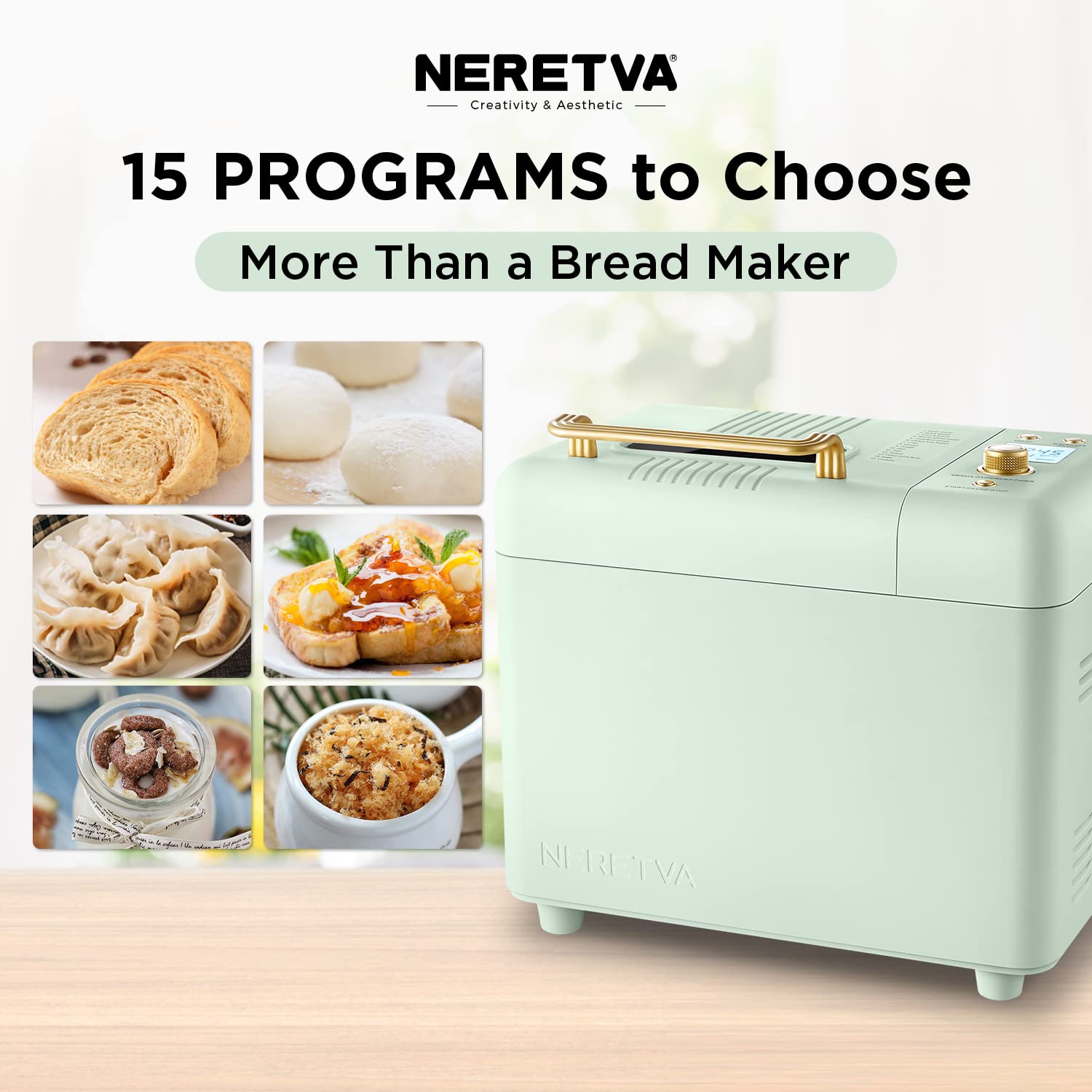 Neretva Bread Maker Machine, 15-in-1 2LB Automatic Breadmaker with Gluten Free Sourdough Setting, Auto Nut Dispenser (Mint Green)