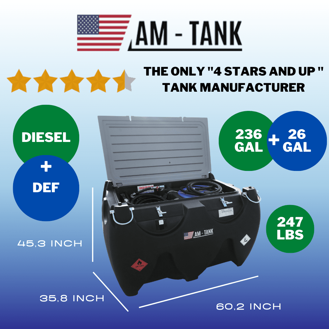 AM-TANK 236 DIESEL + 26 DEF. Portable Combo Tank Diesel and DEF 236+26gl, electric pump 12V, 13ft hose, automatic nozzle and a DEF removable unit