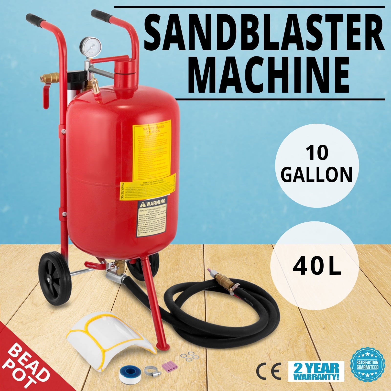 BENTISM 10 Gallon/40L Sandblaster Equipped with Nozzle Shut-Off Valve Pressure Gauge Ceramic Nozzle 2.5m Hose Filling Funnel Watertrap 6