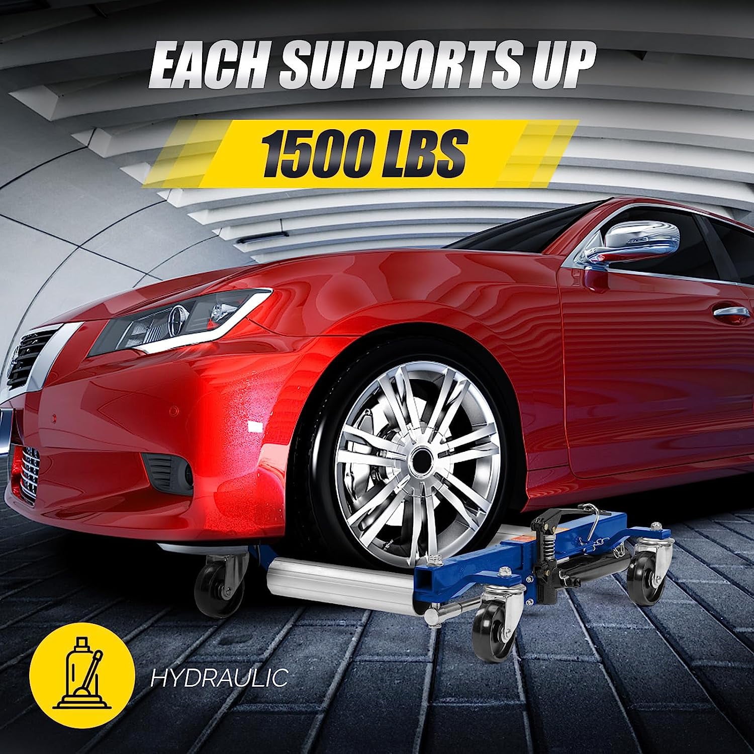 TUFFIOM Car Wheel Dolly Jack Set of 2, Hydraulic 1500-lbs Car Skates, 12'' Wheel Vehicle Positioning Jack, Heavy Duty Rollers with Foot Pedal for Tire Auto Repair Moving, Red/ Blue