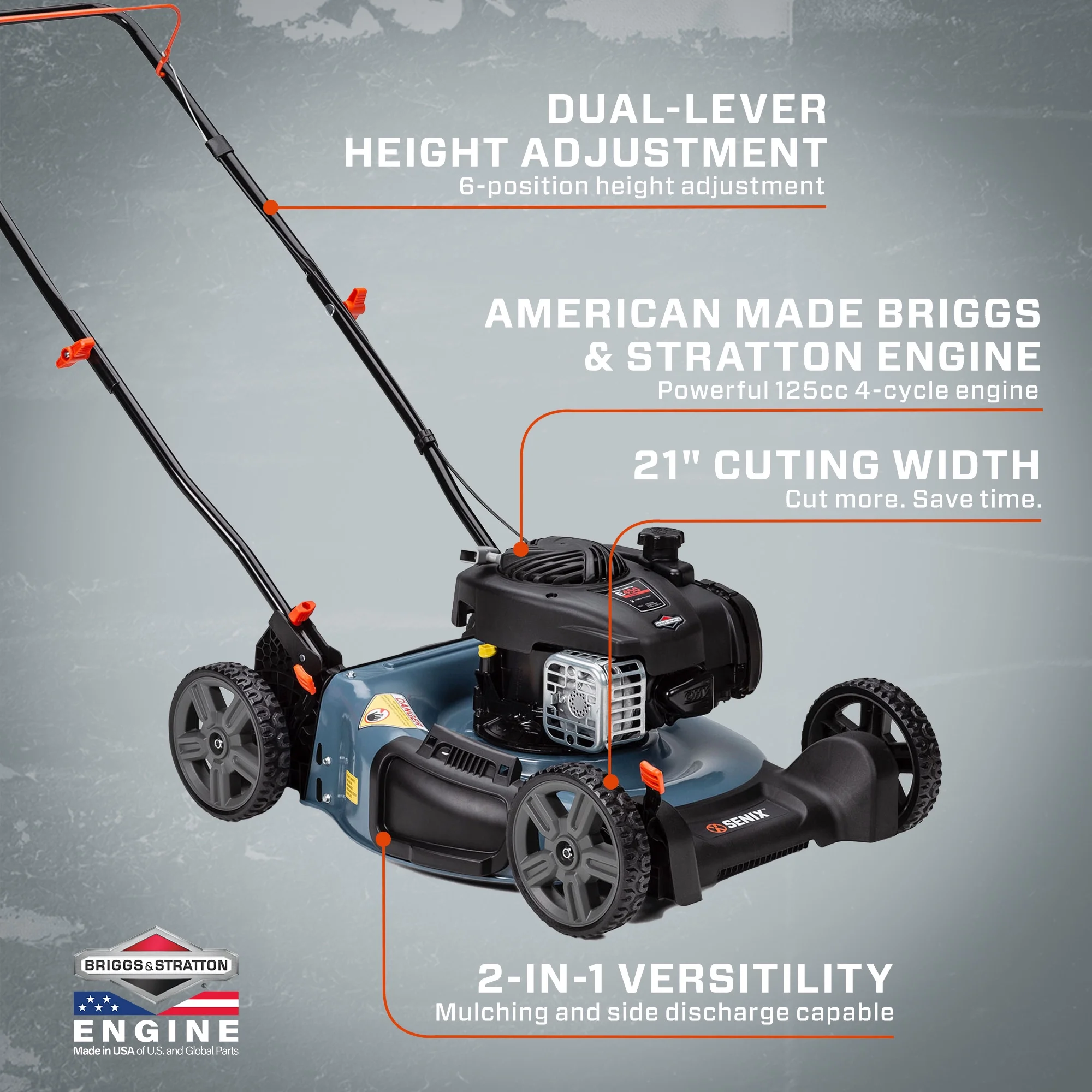 SENIX 21-Inch Push Lawn Mower, 125 cc 4-Cycle Gas Powered, Mulch & Side Discharge, Dual Lever Height Adjustment, LSPG-M3