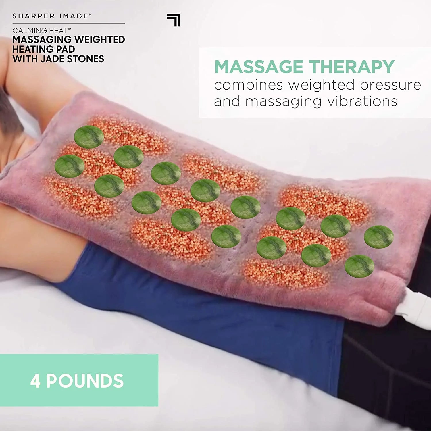 Calming Heat Jade Stone Massaging Weighted Heating Pad by Sharper Image- Weighted Electric Heating Pad, Massaging Vibrations, 6 Settings- 3 Heat, 3 Massage- 9 Relaxing Combinations, 12” x 24”, 4 lbs