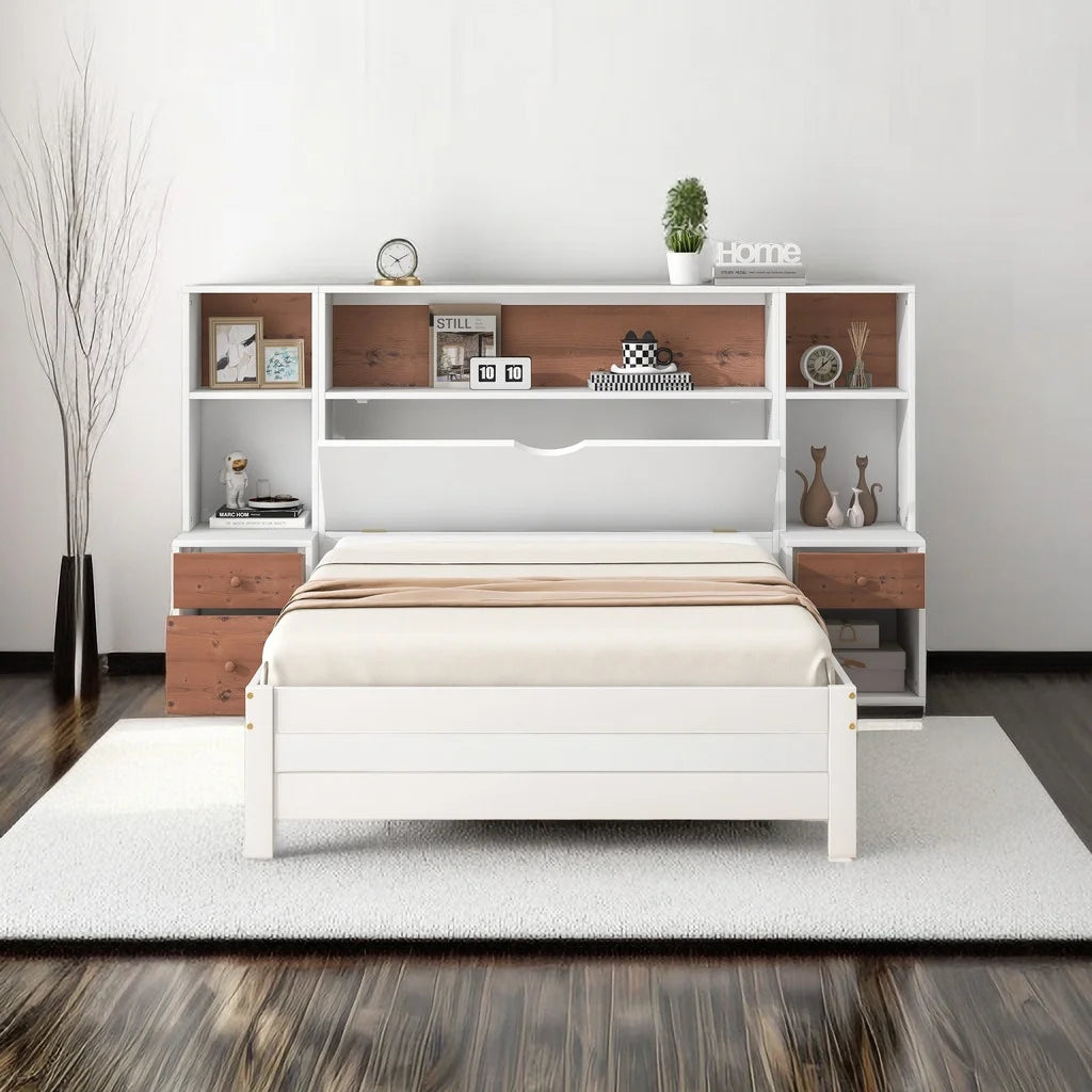 Twin Size Platform Bed with Storage Headboard and Drawers, Wooden Storage Bed Frame for Bedroom, Dorm, Bedroom Furniture