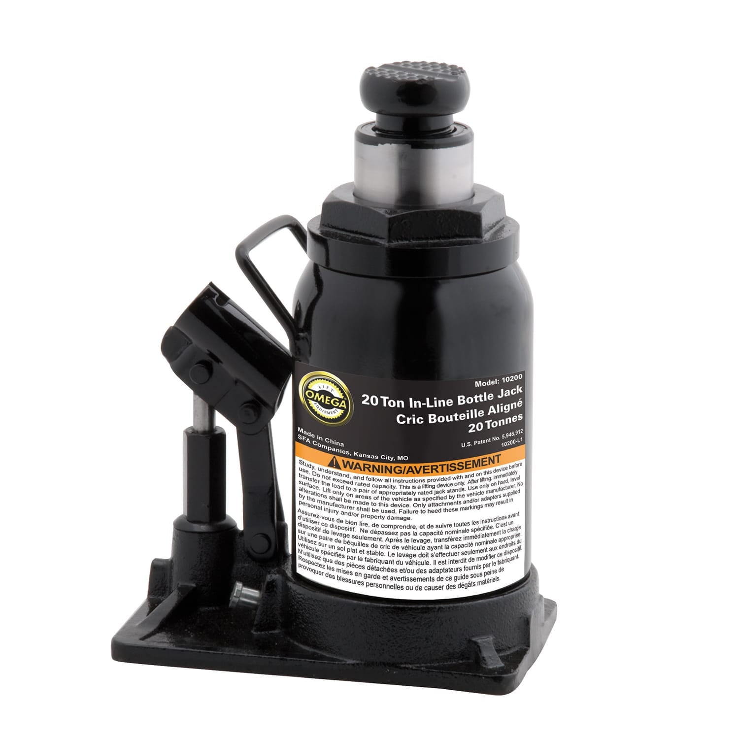 Omega 10200 Black Hydraulic In-Line Bottle Jack, 20 Ton Capacity