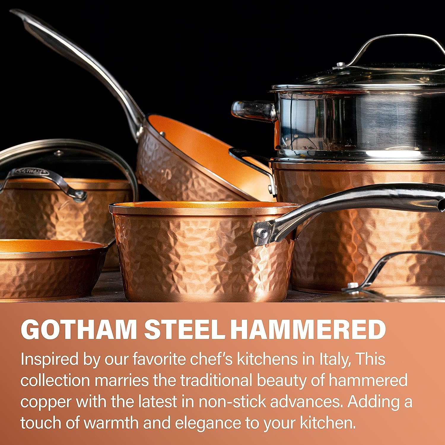Gotham Steel 10 Pc Hammered Copper Pots and Pans Set Nonstick Cookware Set, Pot and Pan Set, Kitchen Cookware Sets, Non Toxic Cookware Set with Lids, Pot Set, Dishwasher / Oven Safe, 100% Toxin Free