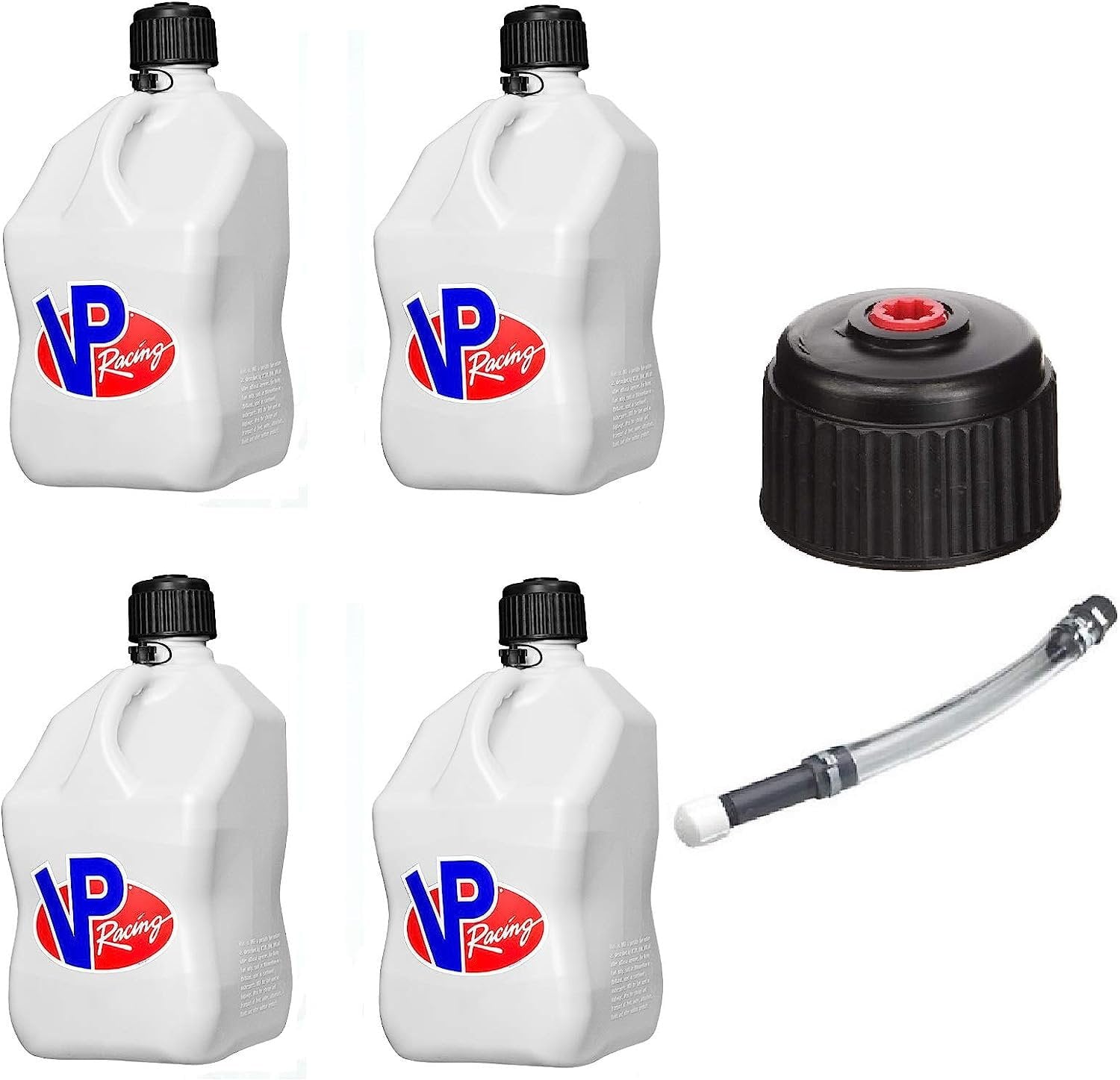 VP Racing 3522 3044 3042 Set of 4 White 5 Gallon Motorsport Jugs with Replacement Cap and Deluxe Filler Hose