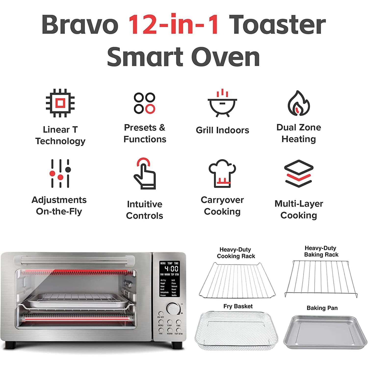 Nuwave Bravo 12-in-1 Digital Toaster Oven, Countertop Convection Oven & Air Fryer Combo, 1800 Watts, 21-Qt Capacity, 50u00b0-450u00b0F Temp Controls, Dual Zone Surround Cooking, Linear T Technology, SS Look