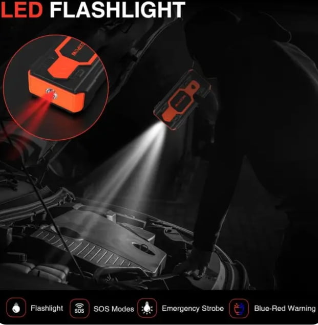 Battery Jump Starter 2500A Car Jump Starter (up to 8.0L Gas/8L Diesel Engines) 12V Car Battery Booster Pack with USB Quick Charge 3.0 and 4 LED Modes Red Blue Warning