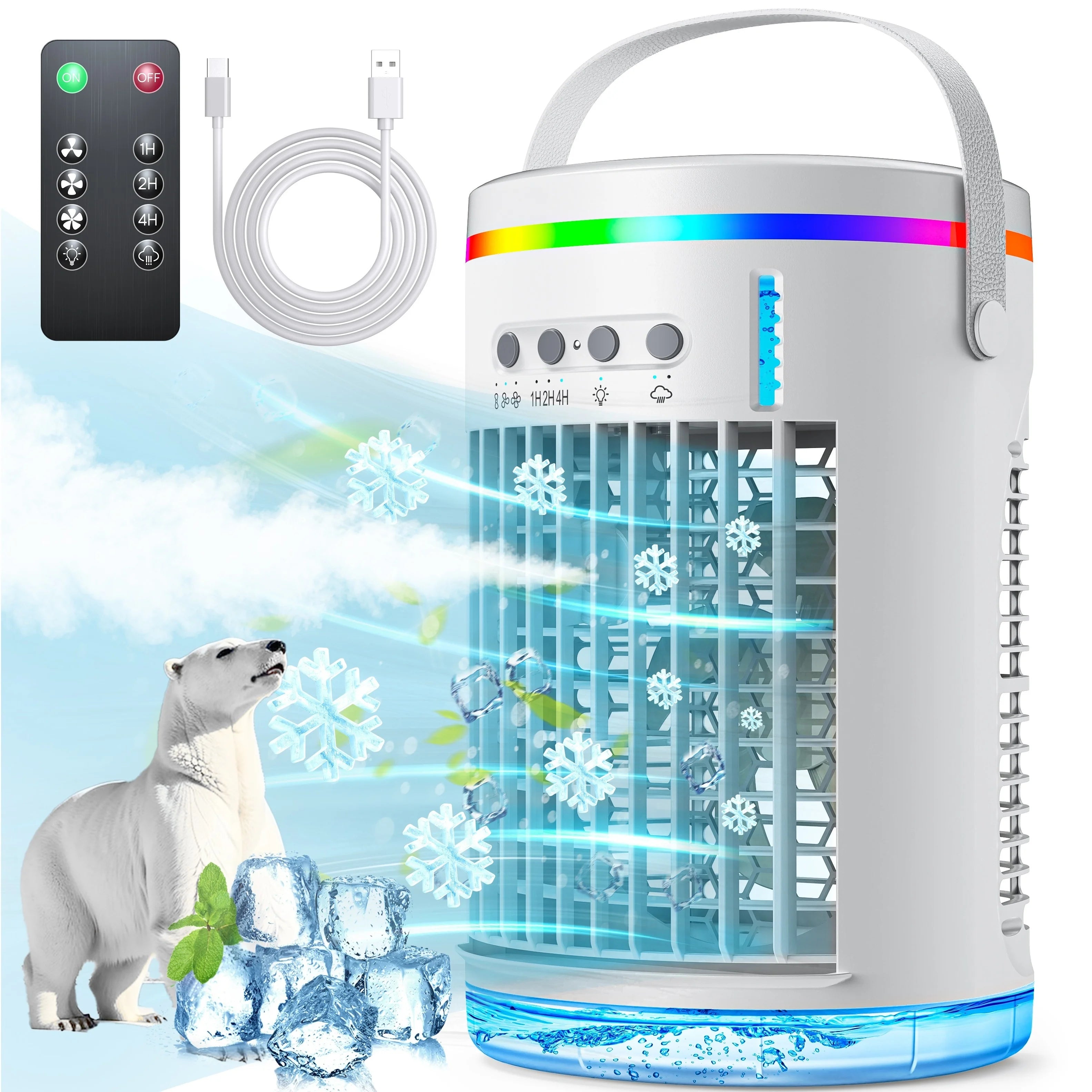 Portable Air Conditioners with Remote 1400ml Evaporative Cooler 3 Speeds USB Personal Conditioner 7 LED Light Portable AC for Room Kitchen Office Desk Bedroom Camping