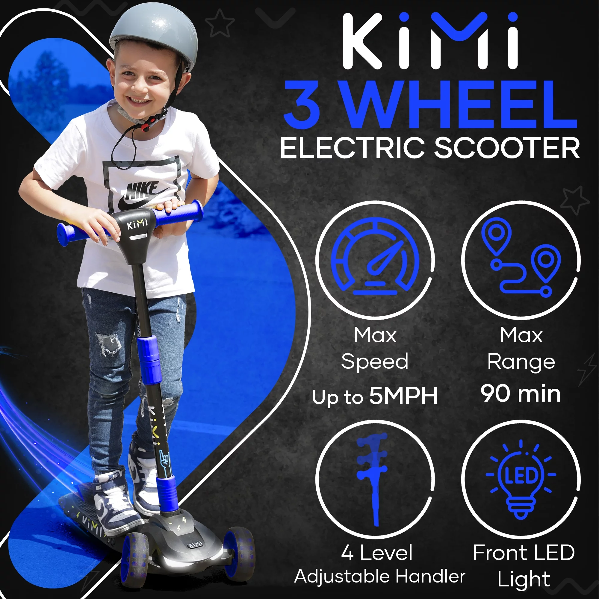 KIMI Kids Toddlers 3-Wheel Electric Scooter, Adjustable, TSA Approved, Ages 2-9, 5MPH, Lights, 10 Miles Range + Charger