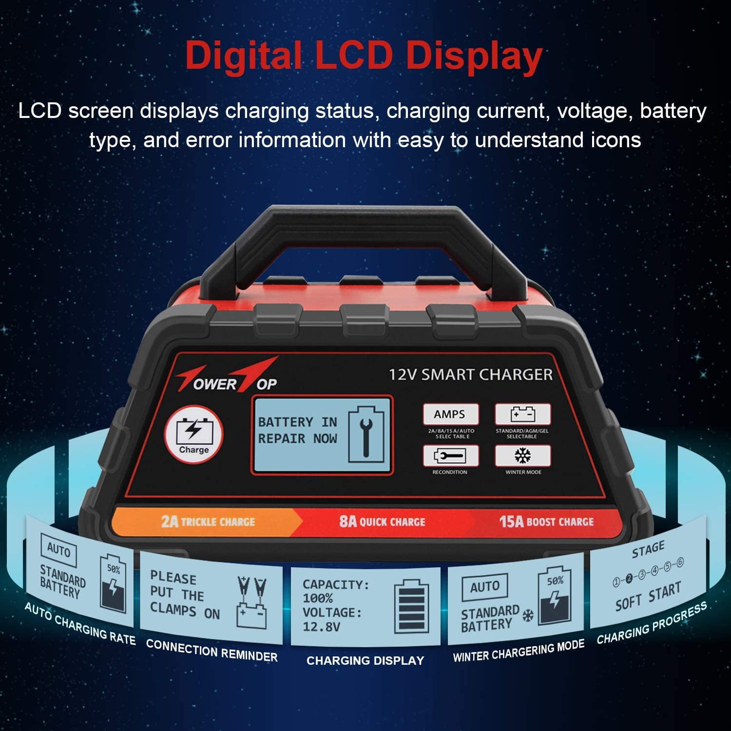 Towertop 12V 2/8/15A Smart Battery Charger/Maintainer Fully Automatic with Winter Mode