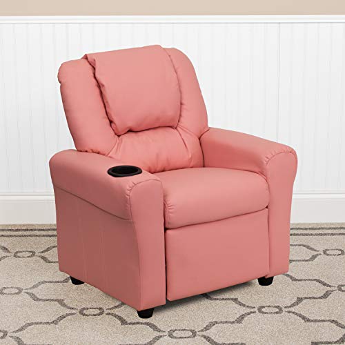 EMMA + OLIVER Beige Vinyl Kids Recliner with Cup Holder and Headrest