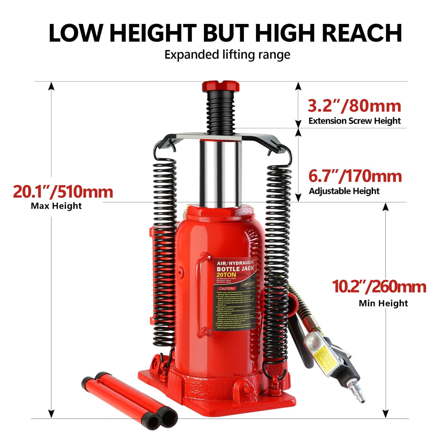 LoLado 20 Ton Air Hydraulic Bottle Jack, with Manual Hand Pump Used for The Maintenance of Automobiles, Agricultural Vehicles, Heavy Trucks, Mobile Machinery, and Heavy Equipment
