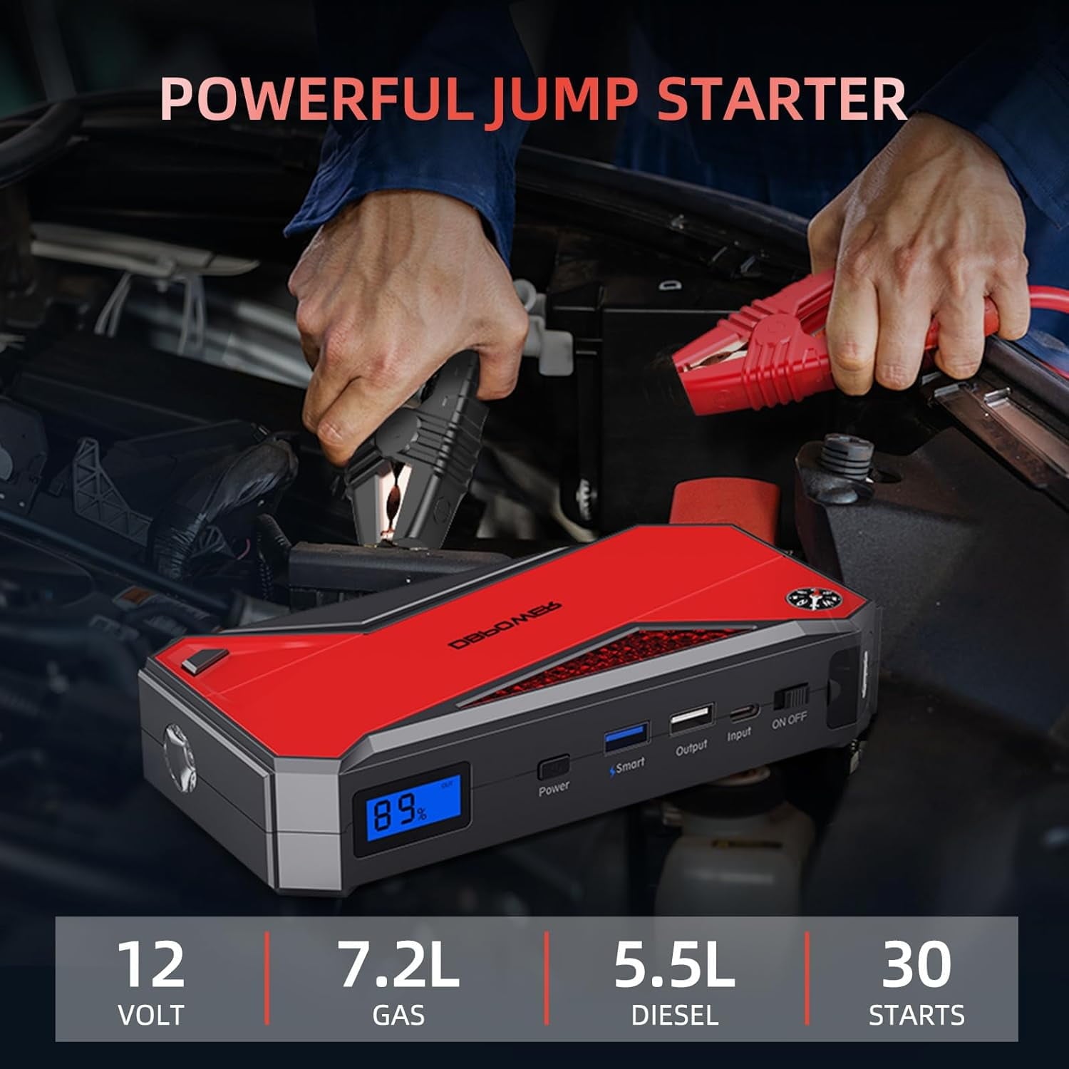 DBPOWER Red 800A Peak 18000mAh Portable Car Jump Starter Battery Booster with LCD Screen