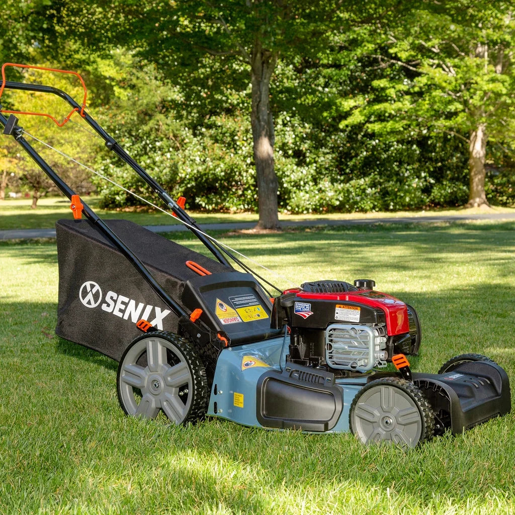 SENIX Self-Propelled Gas Lawn Mower, 21-Inch, 150 cc 4-Cycle Briggs & Stratton Engine, 3-In-1 Single Speed Lawnmower, 6-Position Height Adjustment with 11-Inch Rear Wheels, LSSG-M1, Blue