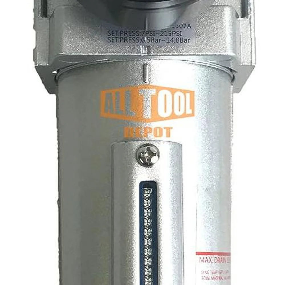 NPT HEAVY DUTY Compressed Air In Line Filter Regulator Combo Piggyback, Metal Bowl, 5 Micron , Adjustable From 7 To 175 PSI (AUTO DRAIN)