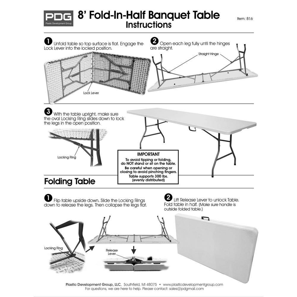 Plastic Development Group PDG-816 8 ft. White Plastic Fold-In-Half Folding Table