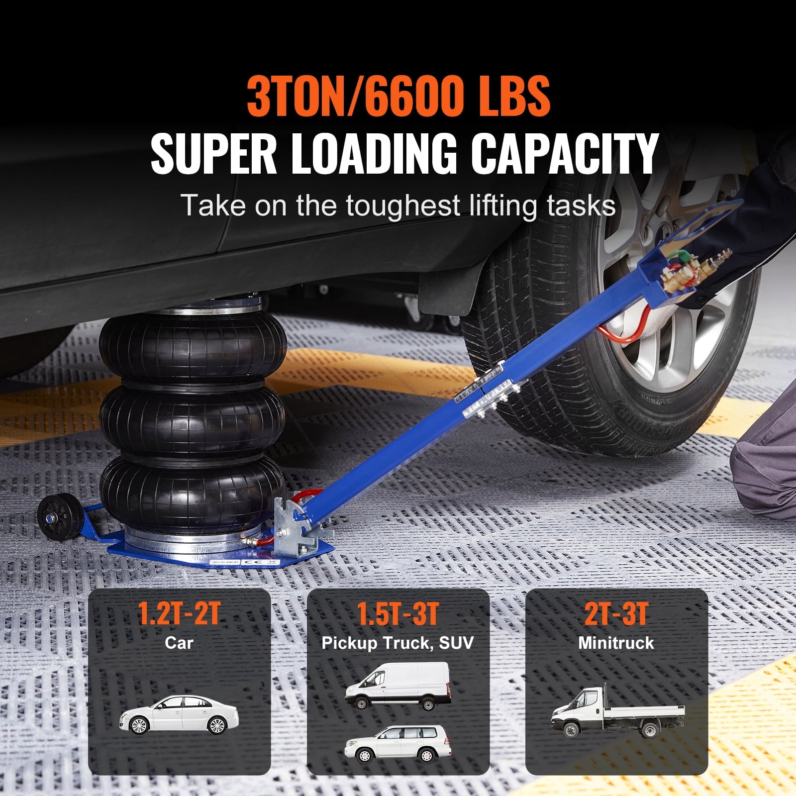 SKYSHALO Air Jack, 3 Ton/6600 lbs Three Bag Air Jack, Air Bag Jack with Six Steel Tubes, Lift to 17.7 Inch, 3-5 Seconds Quick Lift Air Jack with Adjustable Long Handle, Suitable for Car, Garage
