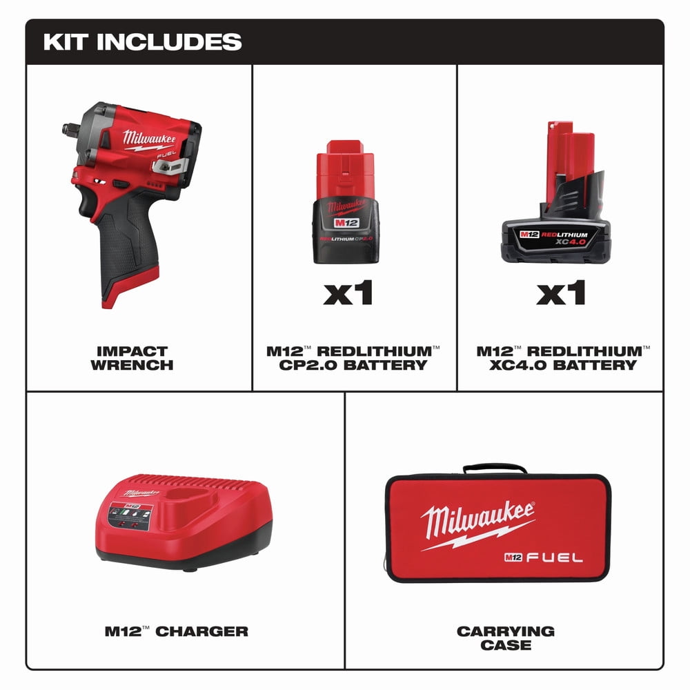 Milwaukee 2554-22 M12 FUEL Stubby 3/8 in. Impact Wrench Kit (2 Ah/4 Ah)