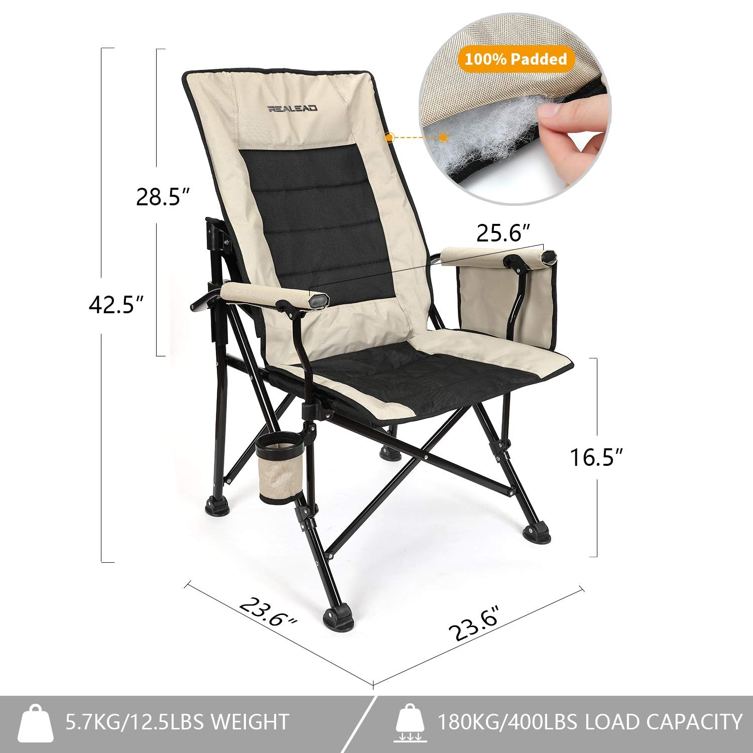 REALEAD Oversized Camping Chairs - Heavy Duty Folding Chair for Outside Support 400 LBS - Padded High Back Camp Chair with Lumbar Back Support - Portable Outdoor Lawn Chairs