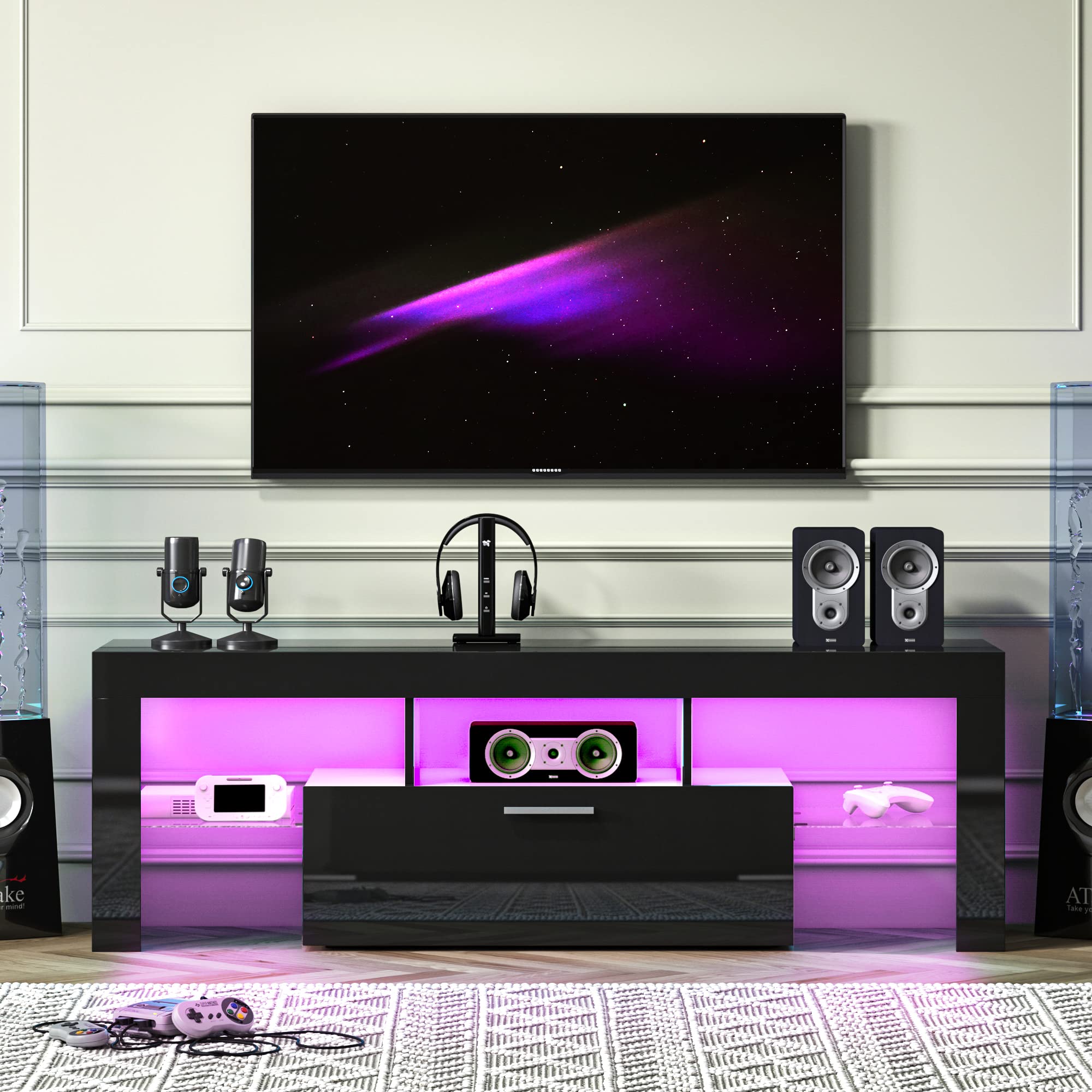 Entrintou Modern LED TV Stand for 32/40/50/55 inch TV, High Glossy Entertainment Center with LED Lights, Gaming Television Stands with Large Storage, Black Wood TV Console for Living Room, Bedroom