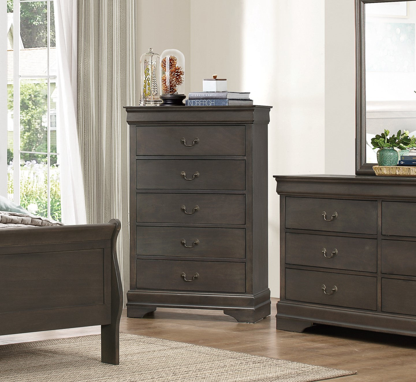 DeeHome Classic Louis Philippe Style Stained Gray Finish 1pc Chest of 5x Drawers Traditional Design Bedroom Furniture