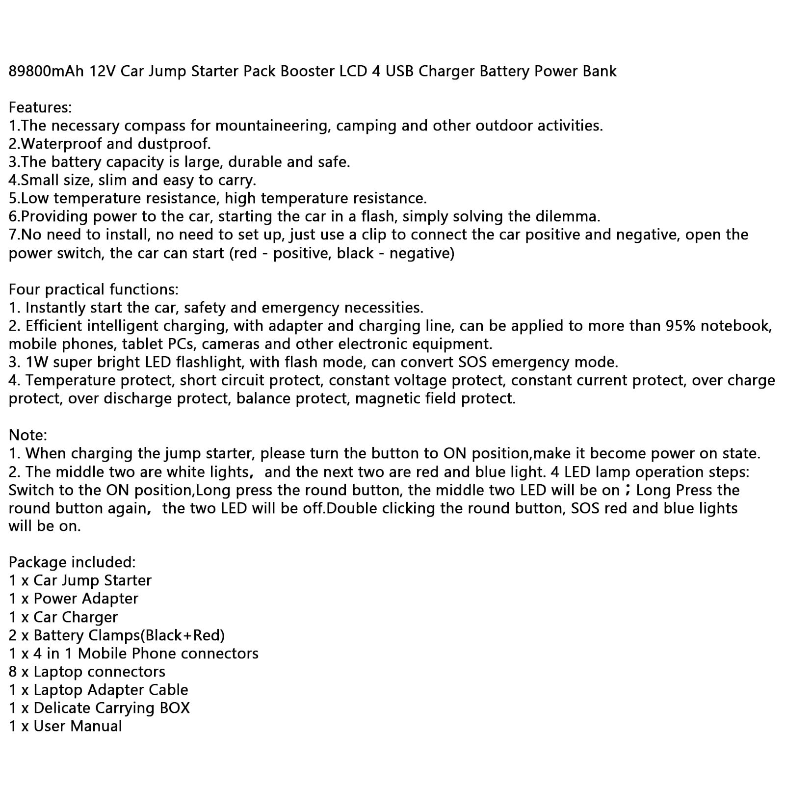 89800mAh 12V Car Jump Starter 4USB Charger Emergency Battery Power Bank Kit