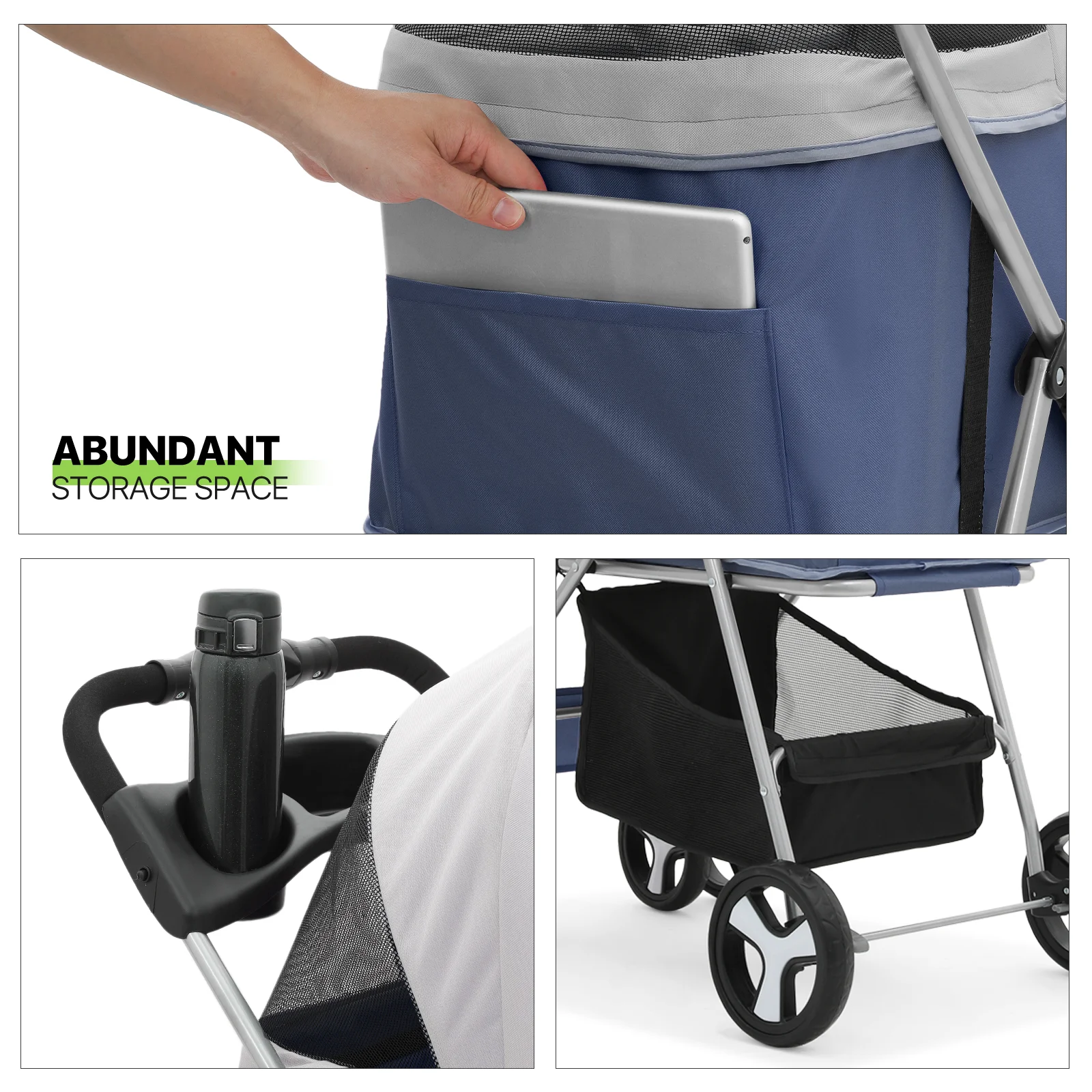 Magshion Foldable Dog Pet Stroller with Cup Holder, 4 Wheel (Navy Blue)