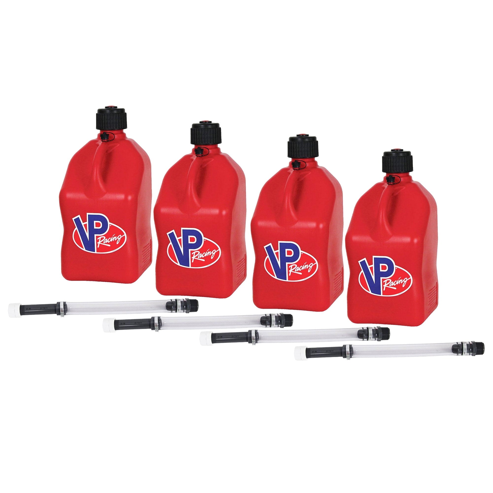 VP Racing Fuels 35160 Motorsport 5 Gallon Square Plastic Utility Jug Red w/ 14 Inch Deluxe Hose (4 Pack)