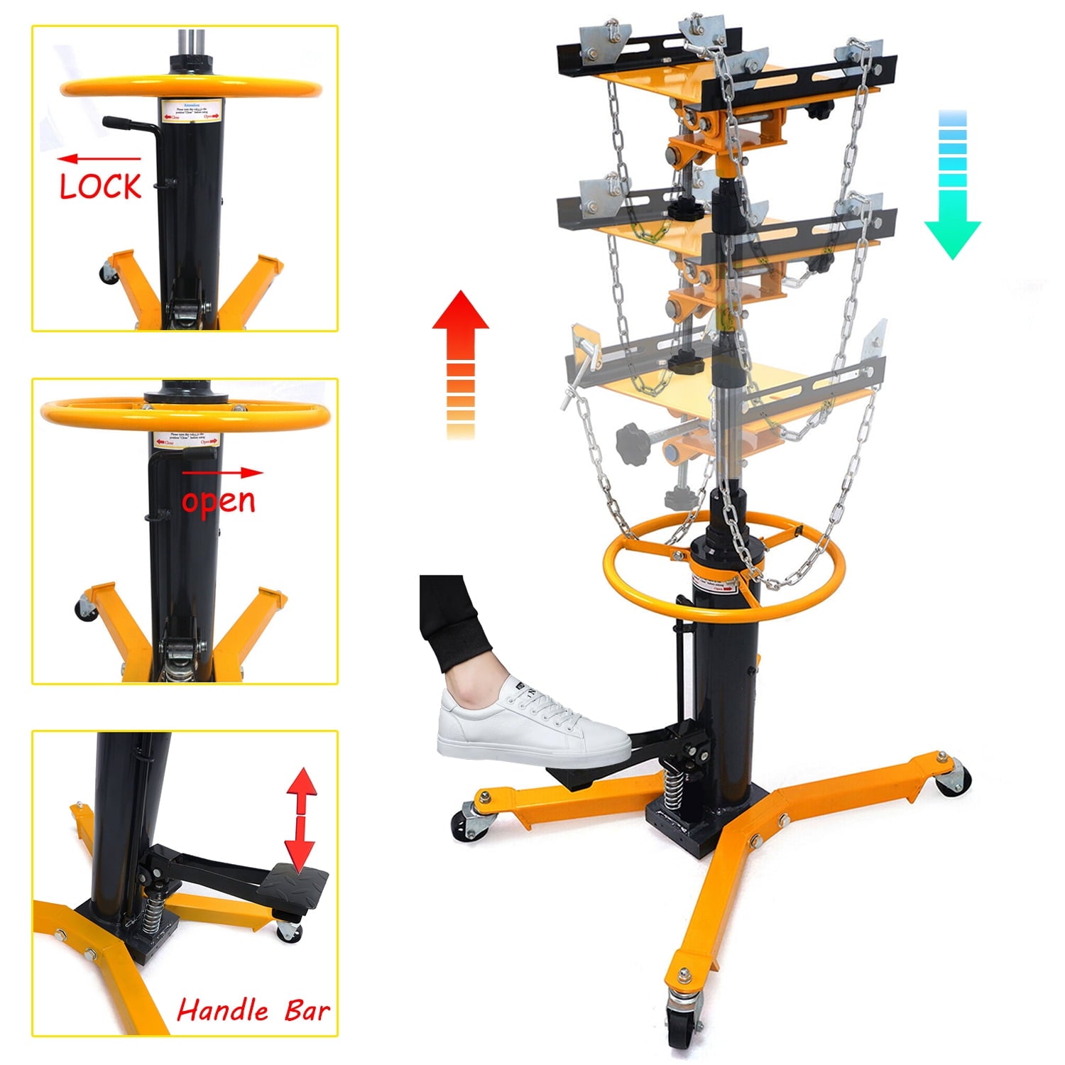 1660 Pounds/0.75Ton Hydraulic Car Transmission Jack Vertical Lift with 360° Swivel Wheel Pedal ,Yellow,33