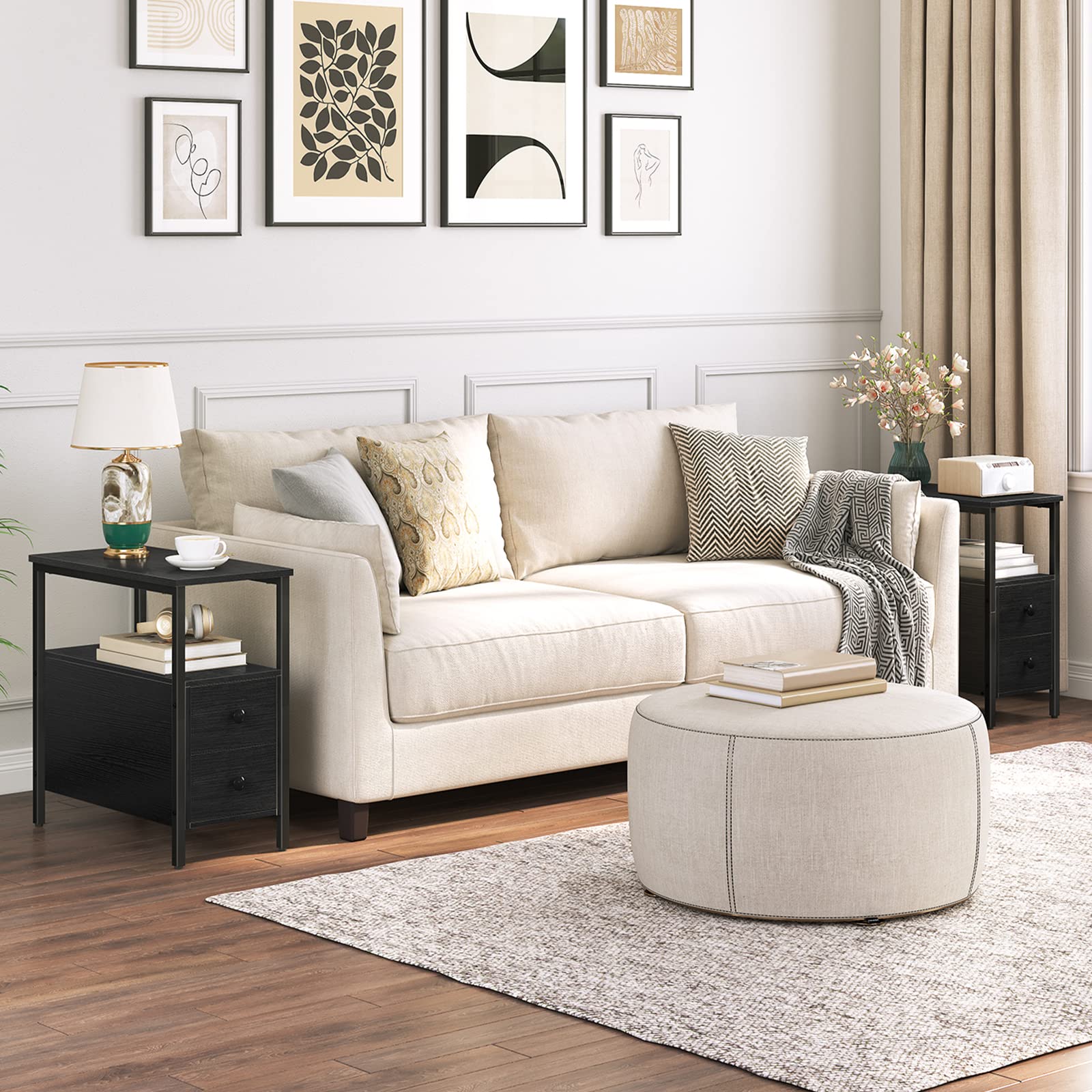 HOOBRO End Table, Set of 2, Recliner Side Table with 2 Drawers and Open Shelves, Narrow Nightstand for Small Spaces, in Living Room, Bedroom, Wood Look Accent Table, Black BK54BZP201G2