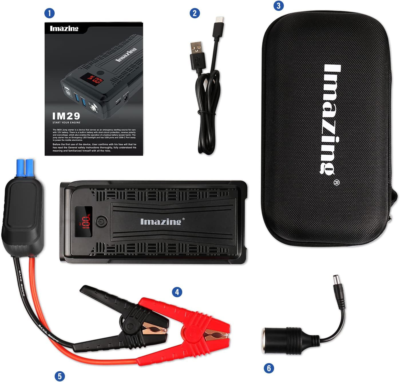 Imazing Portable Car Jump Starter - 2500A Peak 20000mAH (Up to 8L Gas/8L Diesel Engine) 12V Auto Battery Booster Portable Power Pack with LCD Display, QC 3.0 and LED Light
